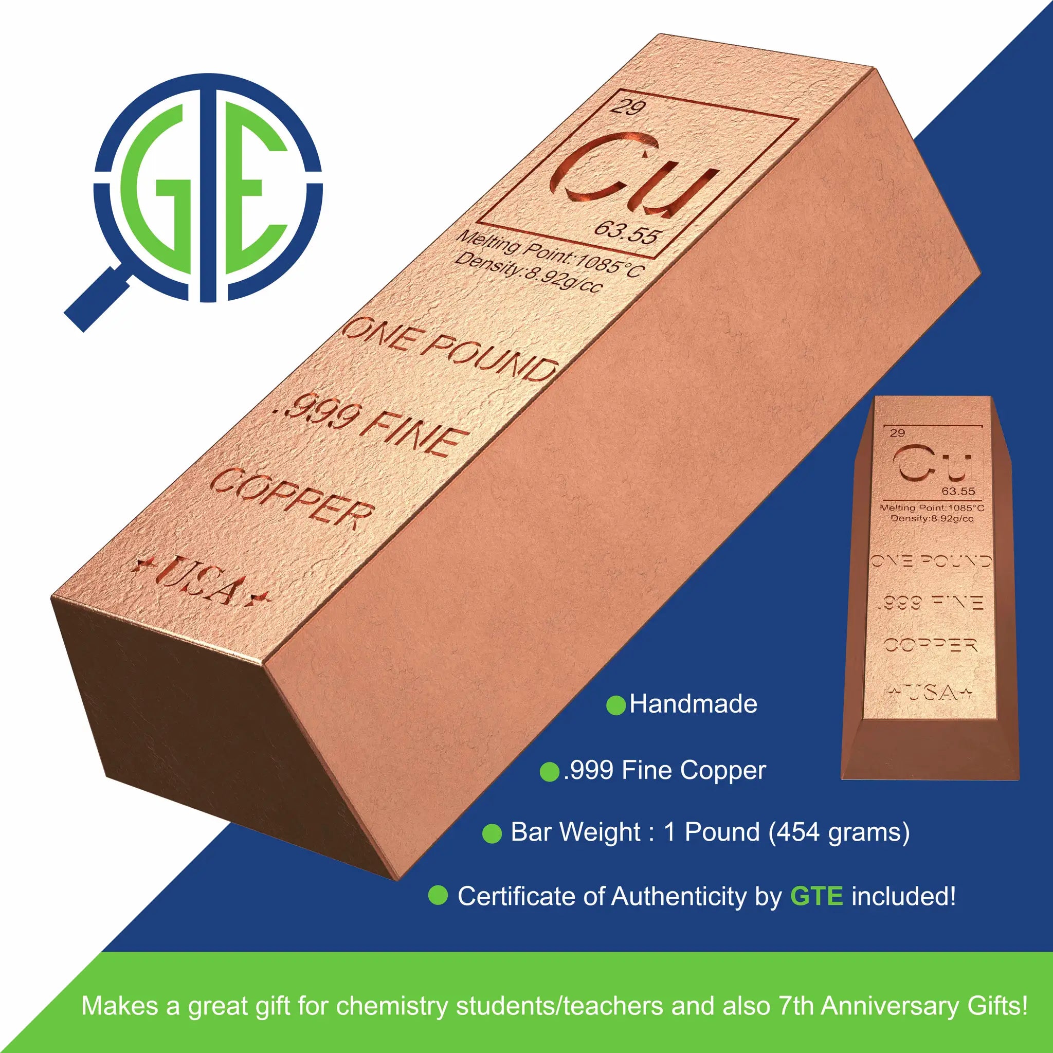 1 Pound Copper Bullion Bar Ingot Paperweight - 999 Pure Chemistry Element Design with Certificate of Authenticity