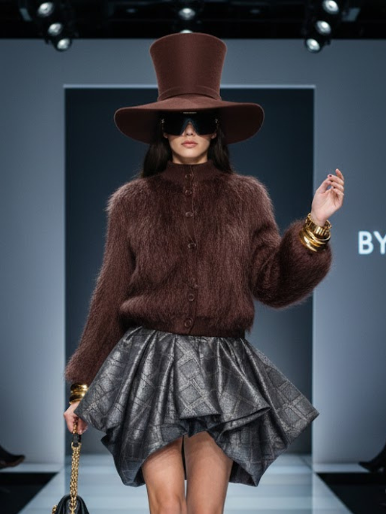 Brown Stand-Up Collar Jacket For Women, Gramercy, BYMANYC New York.