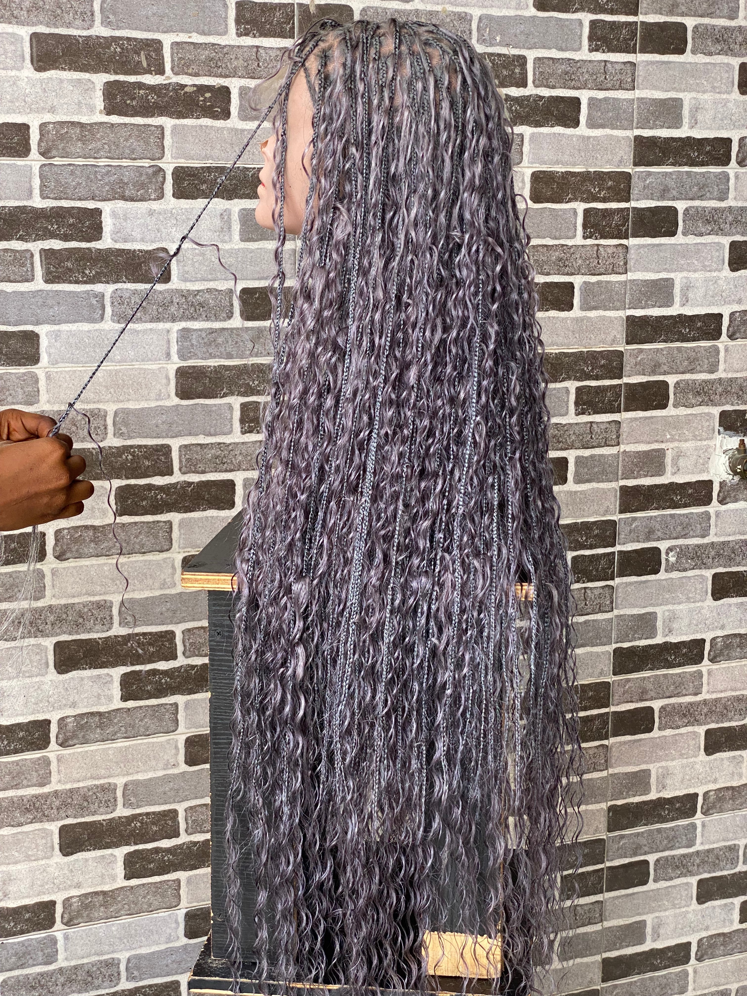100% Human Hair Bohemian Knotless Braid Wig, Gray Color, Waist Length - (TARA GERY)