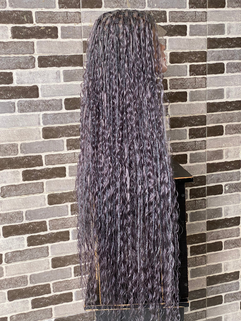 100% Human Hair Bohemian Knotless Braid Wig, Gray Color, Waist Length - (TARA GERY)