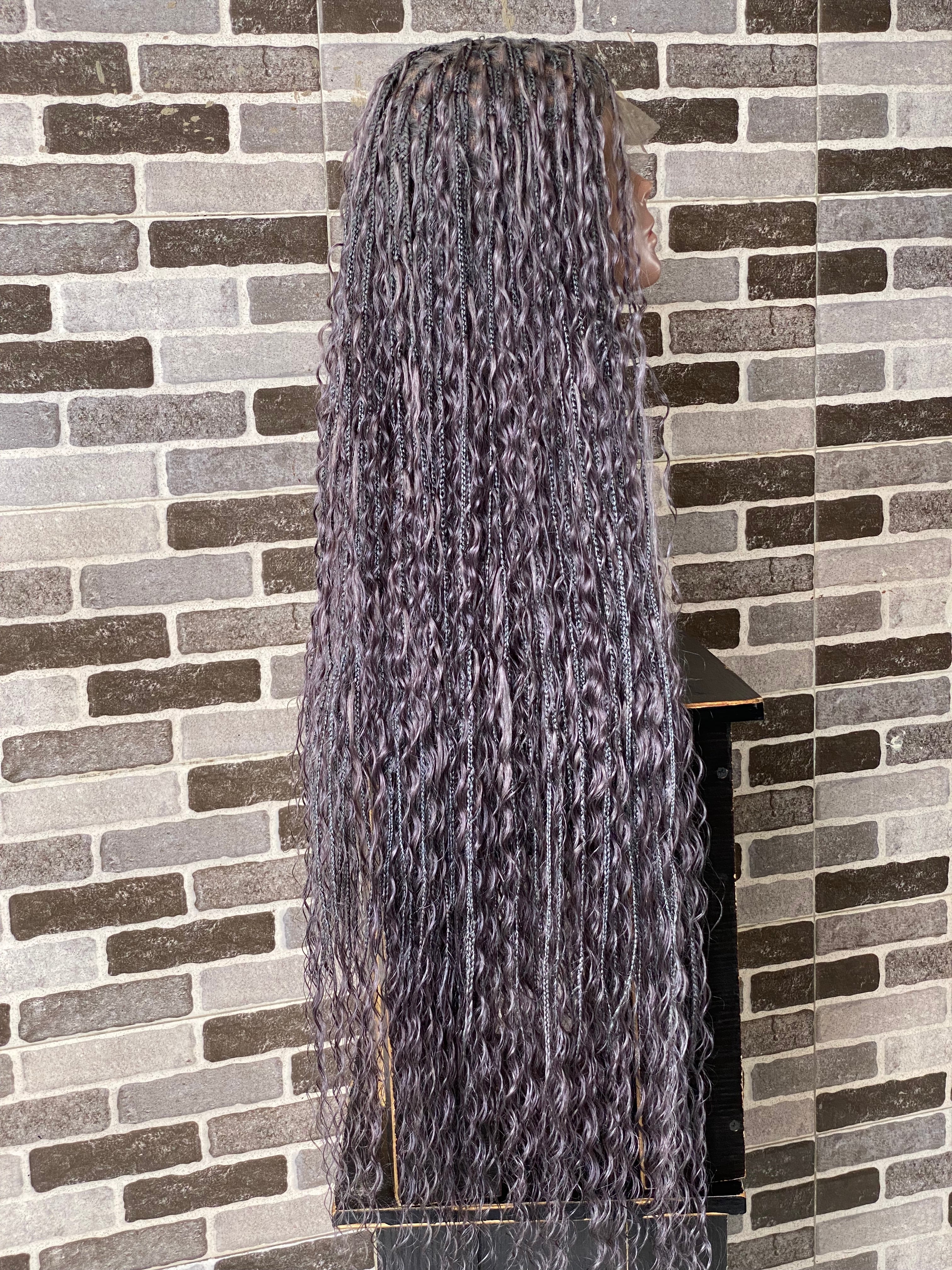 100% Human Hair Bohemian Knotless Braid Wig, Gray Color, Waist Length - (TARA GERY)