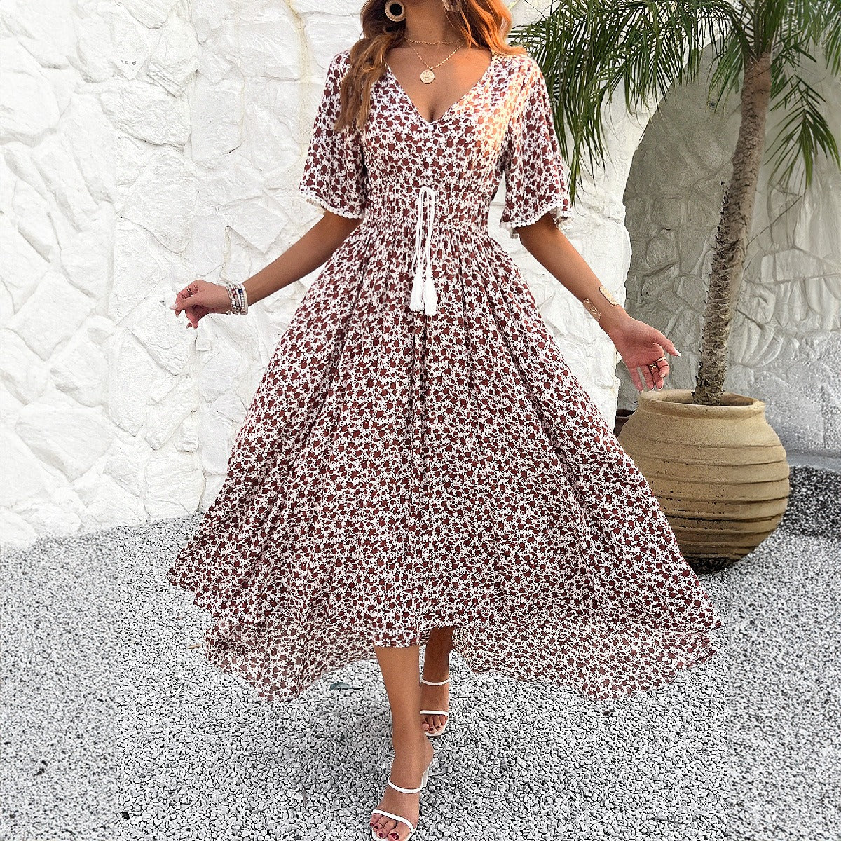 Spring/Summer Women's V-neck High Waist Elegant Printed Dress