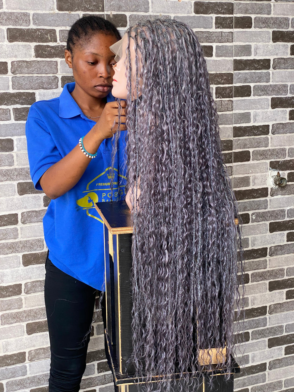 100% Human Hair Bohemian Knotless Braid Wig, Gray Color, Waist Length - (TARA GERY)