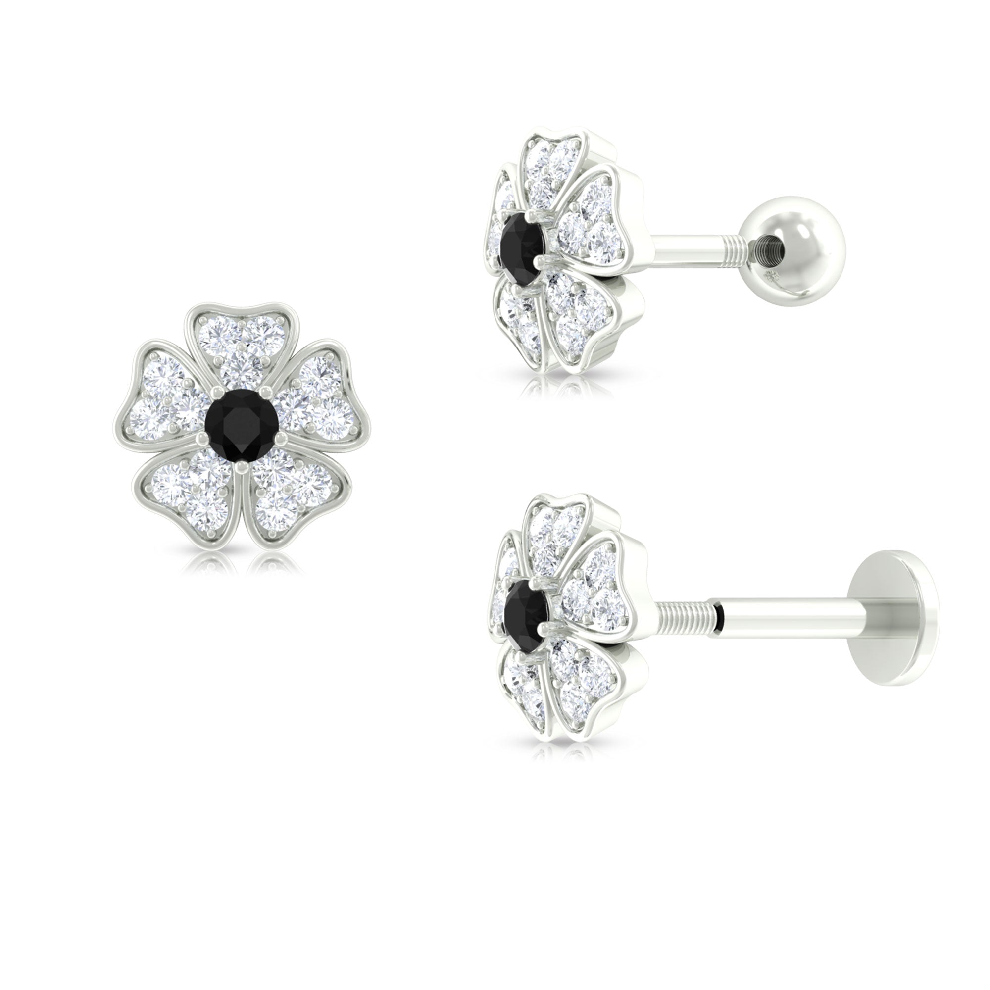 1/4 CT Black Diamond and Moissanite Flower Helix Earring in Gold