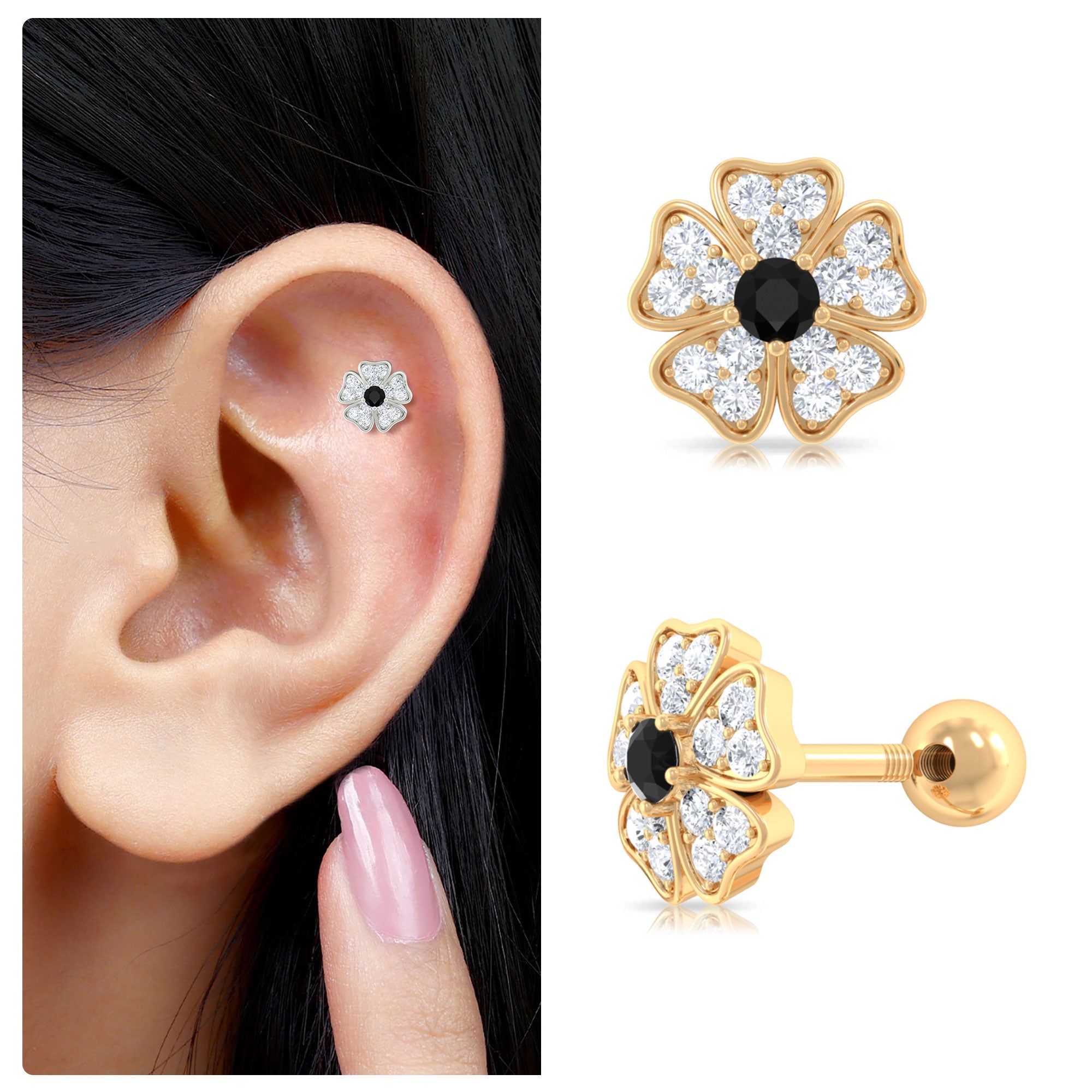 1/4 CT Black Diamond and Moissanite Flower Helix Earring in Gold