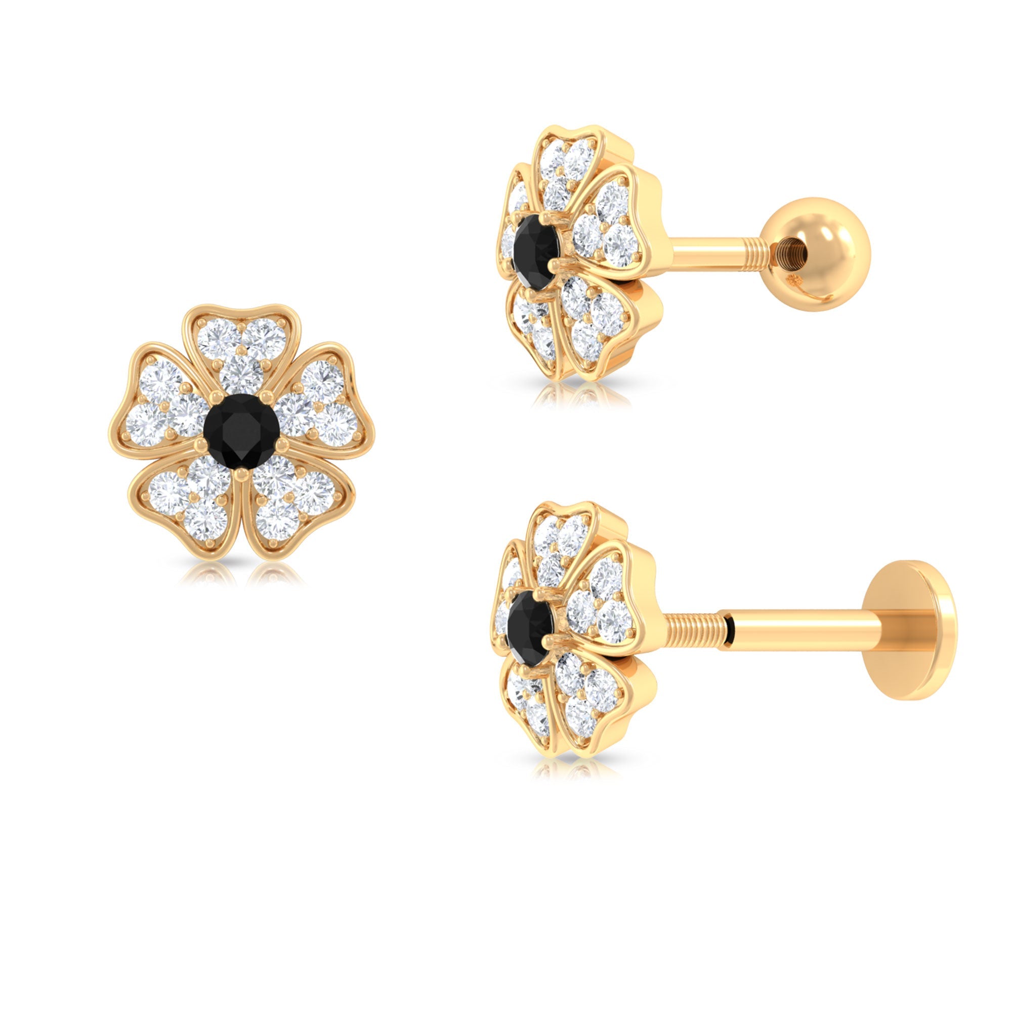 1/4 CT Black Diamond and Moissanite Flower Helix Earring in Gold