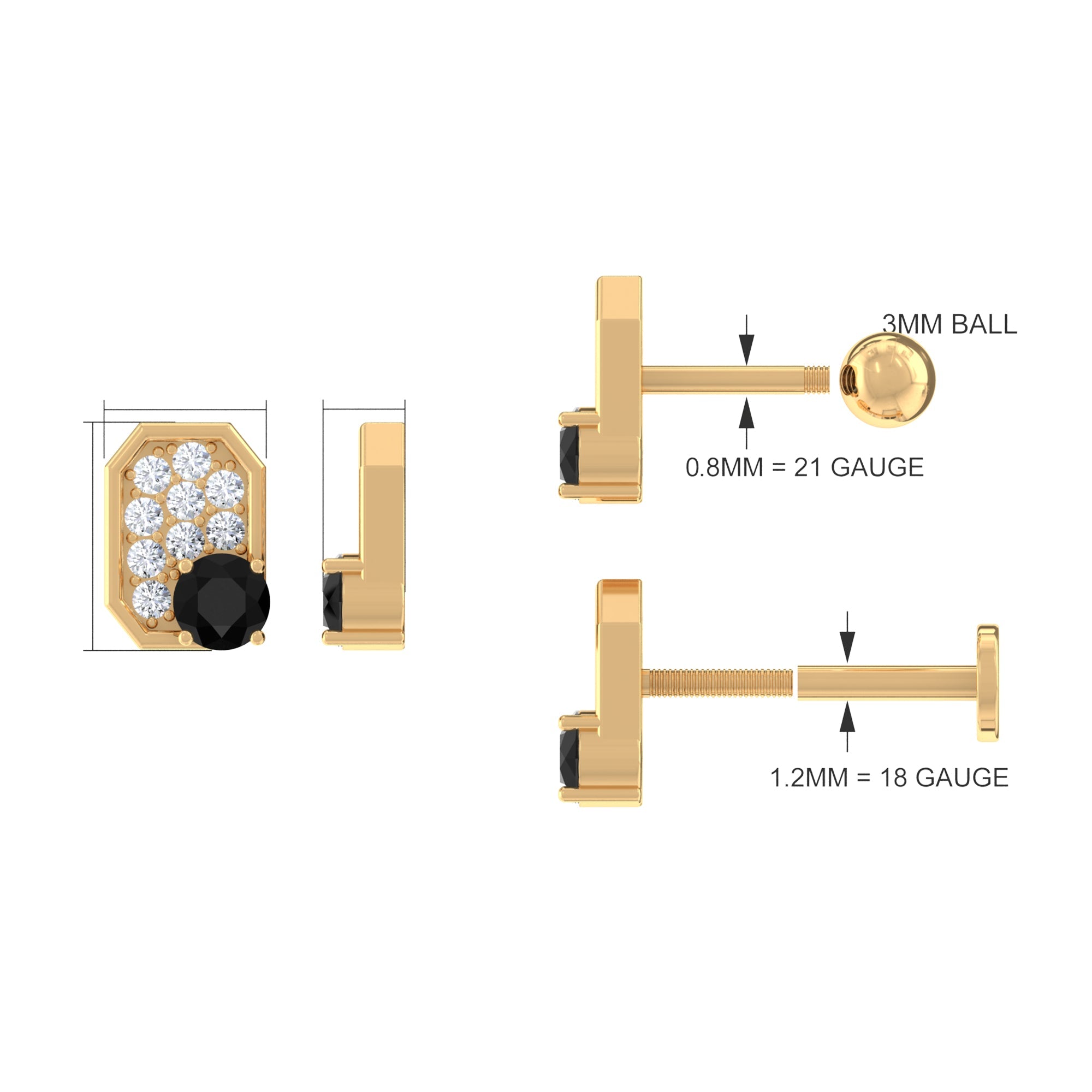 1/4 CT Black Onyx and Moissanite Octagon Cartilage Earring