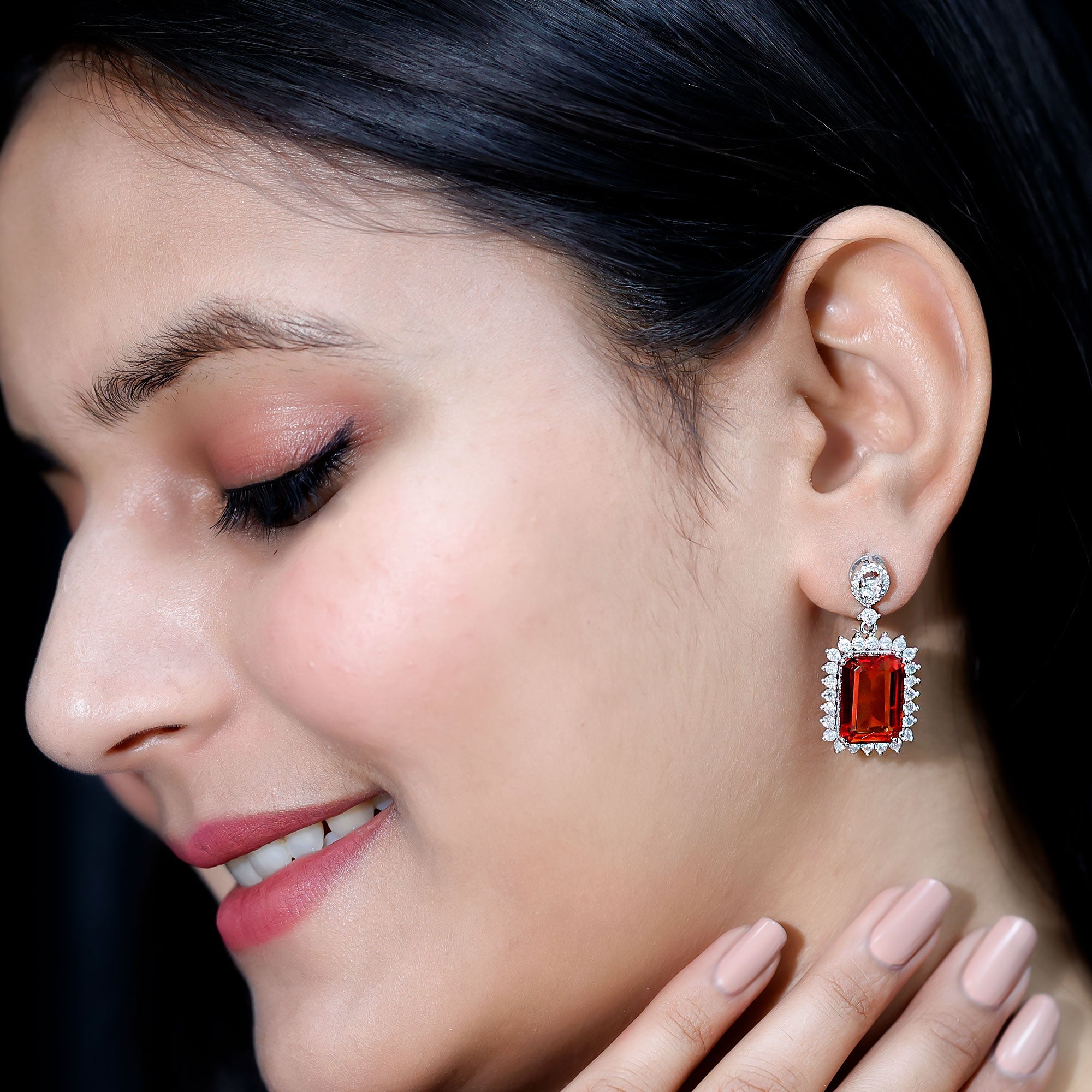 10X14 mm Lab Grown Orange Sapphire Statement Earrings in Silver