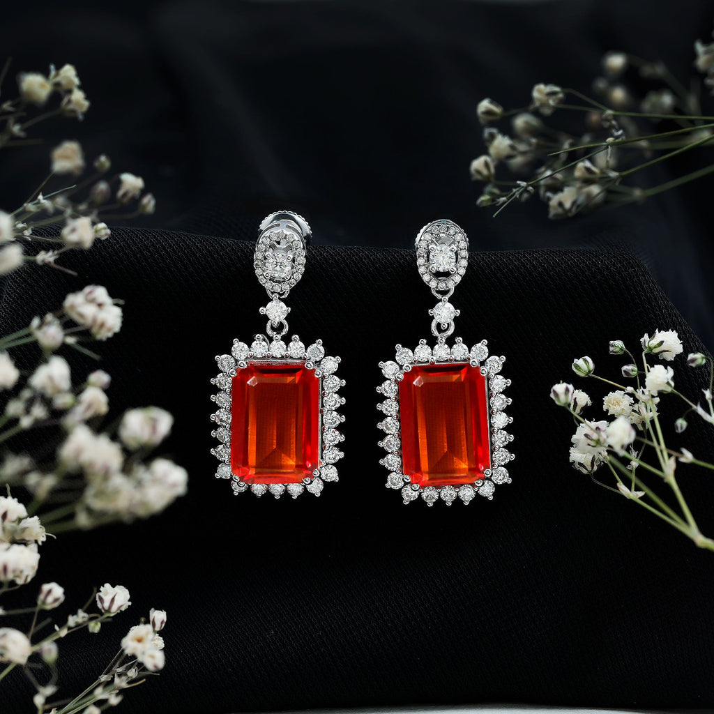 10X14 mm Lab Grown Orange Sapphire Statement Earrings in Silver