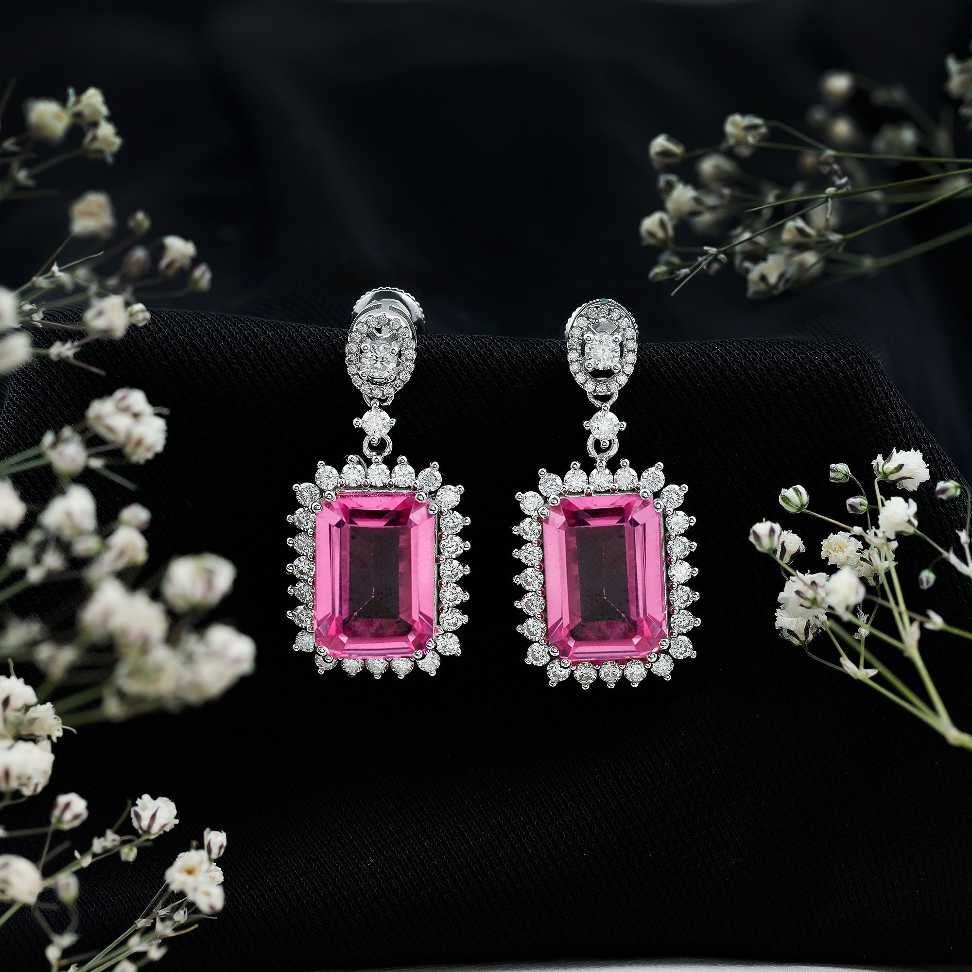 10X14 MM Lab Grown Pink Sapphire Statement Earrings