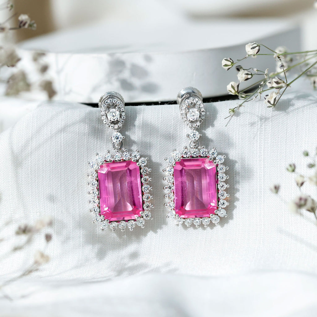 10X14 MM Lab Grown Pink Sapphire Statement Earrings