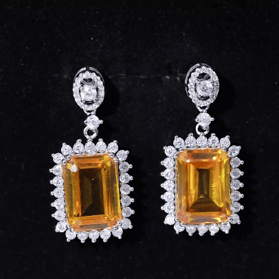 10X14 MM Lab Grown Yellow Sapphire Emerald Cut Earrings in Silver