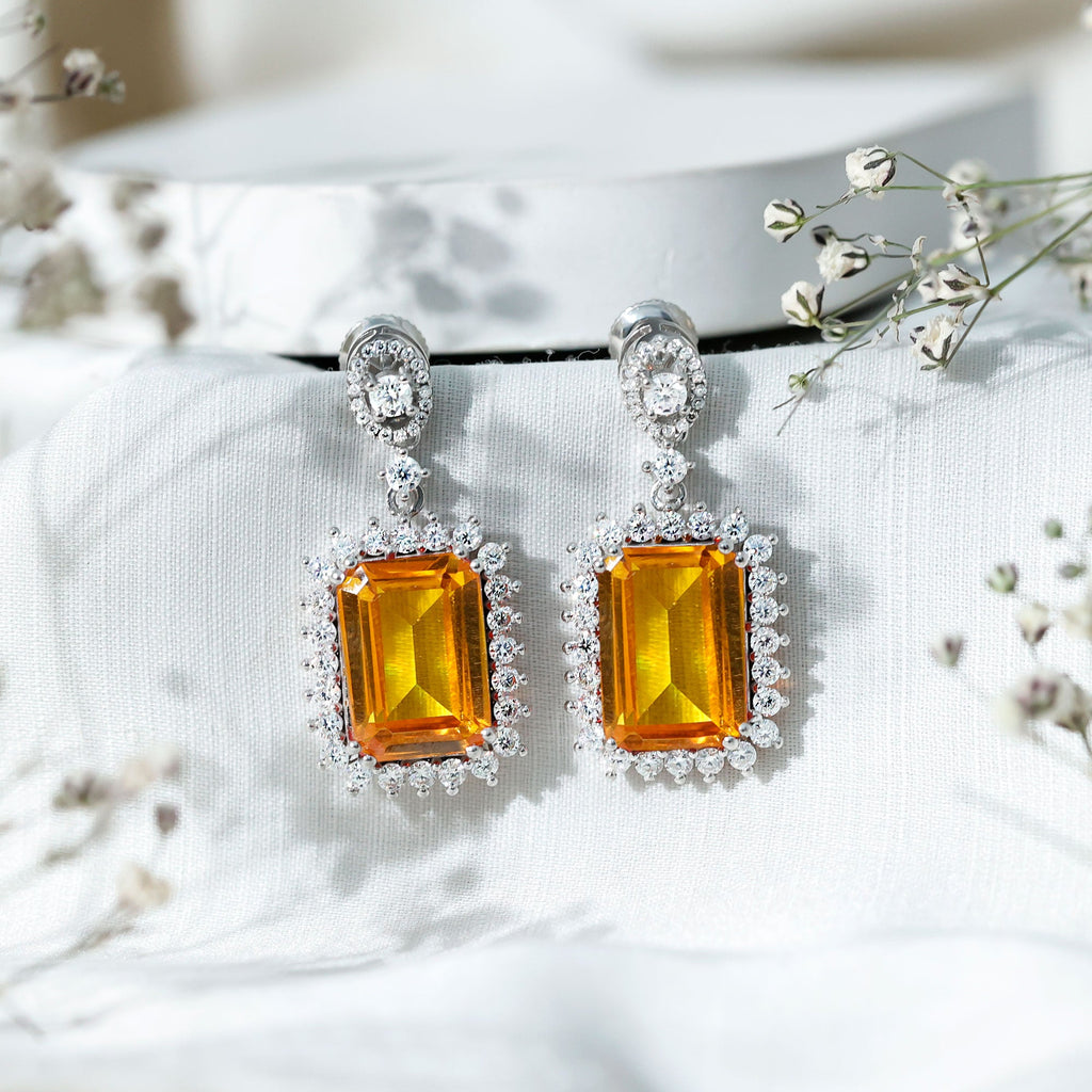 10X14 MM Lab Grown Yellow Sapphire Emerald Cut Earrings in Silver