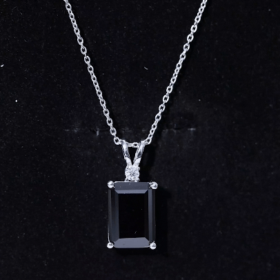 10X14 MM Lab Grown Black Diamond Solitaire Necklace In Silver - Gift For Women