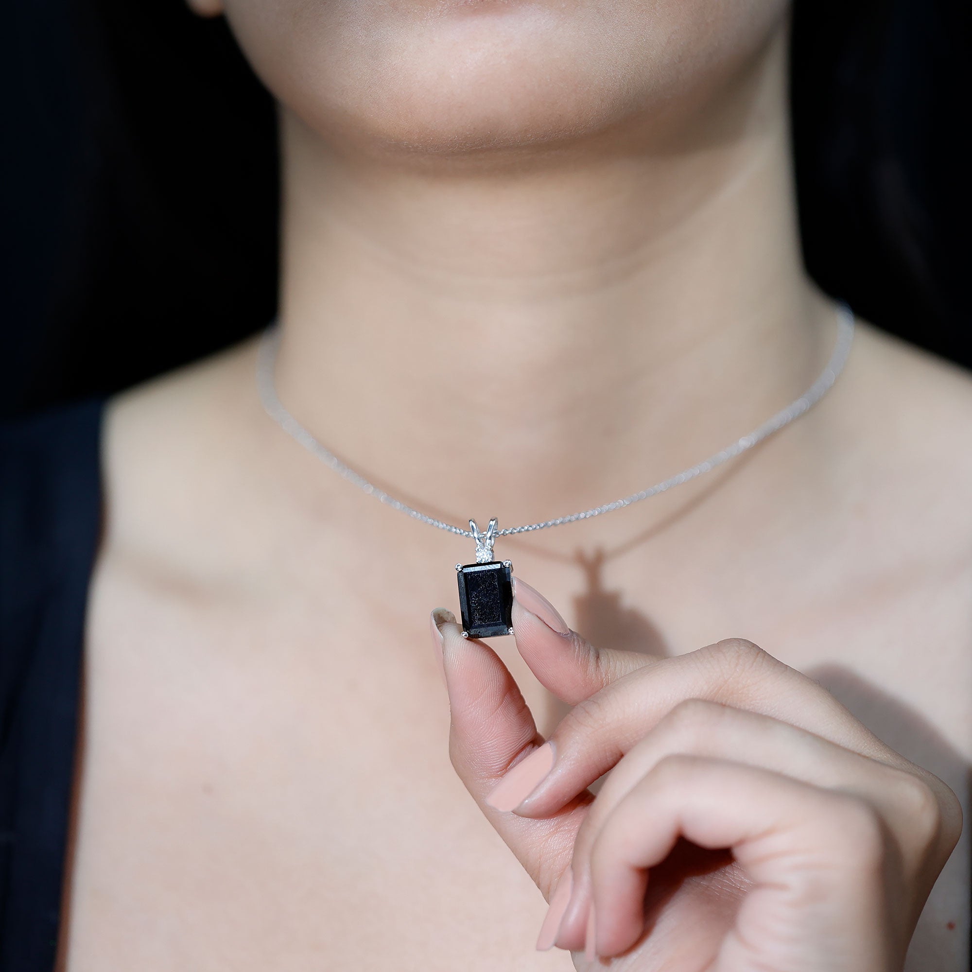 10X14 MM Lab Grown Black Diamond Solitaire Necklace In Silver - Gift For Women