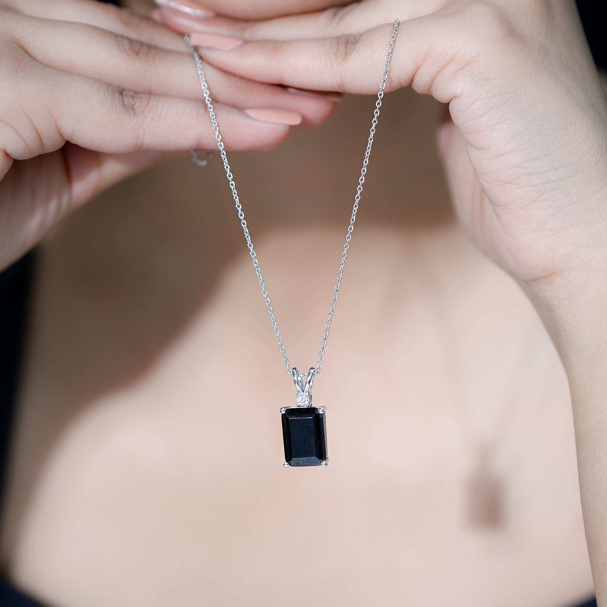 10X14 MM Lab Grown Black Diamond Solitaire Necklace In Silver - Gift For Women