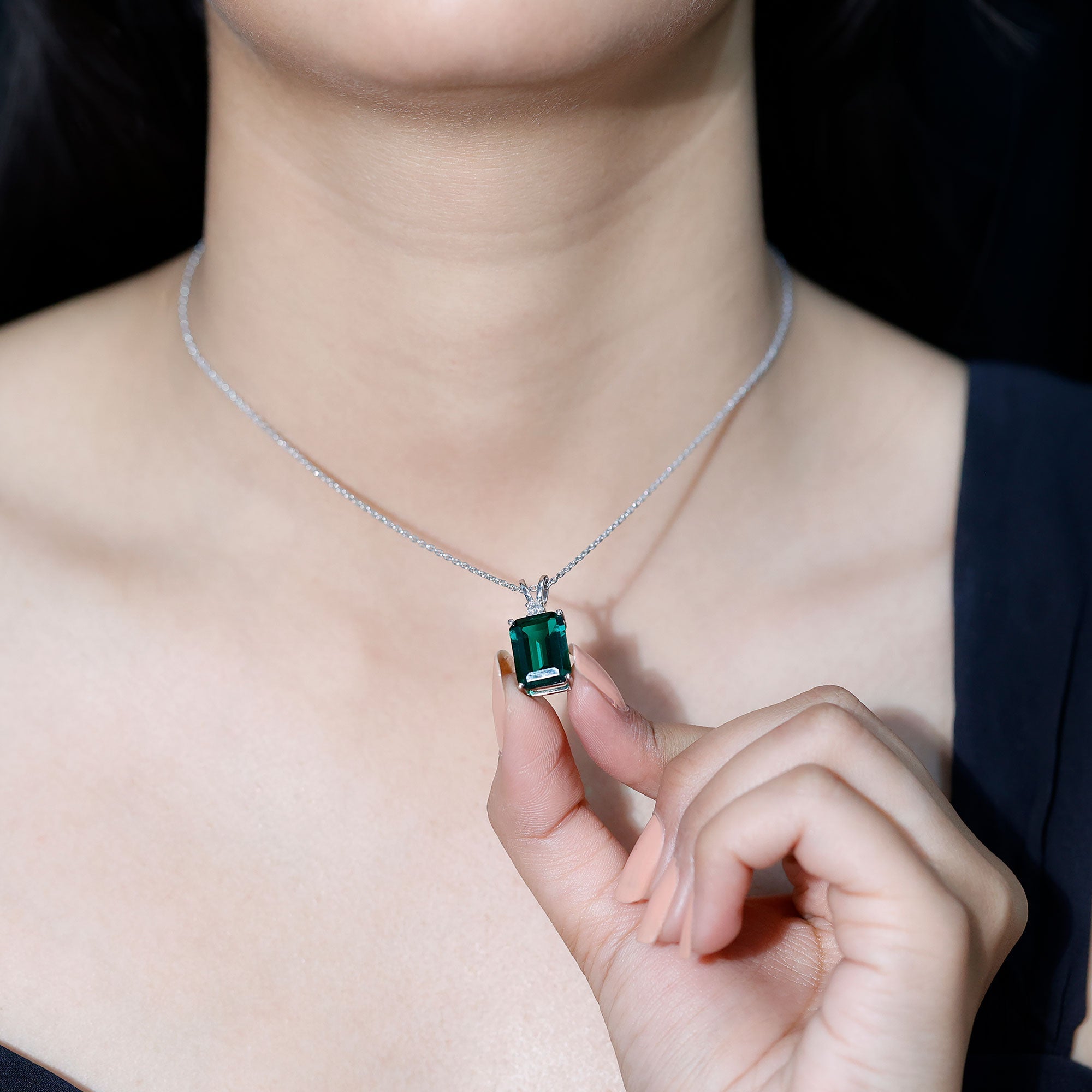 10X14MM Lab Grown Emerald Solitaire Necklace with Chain