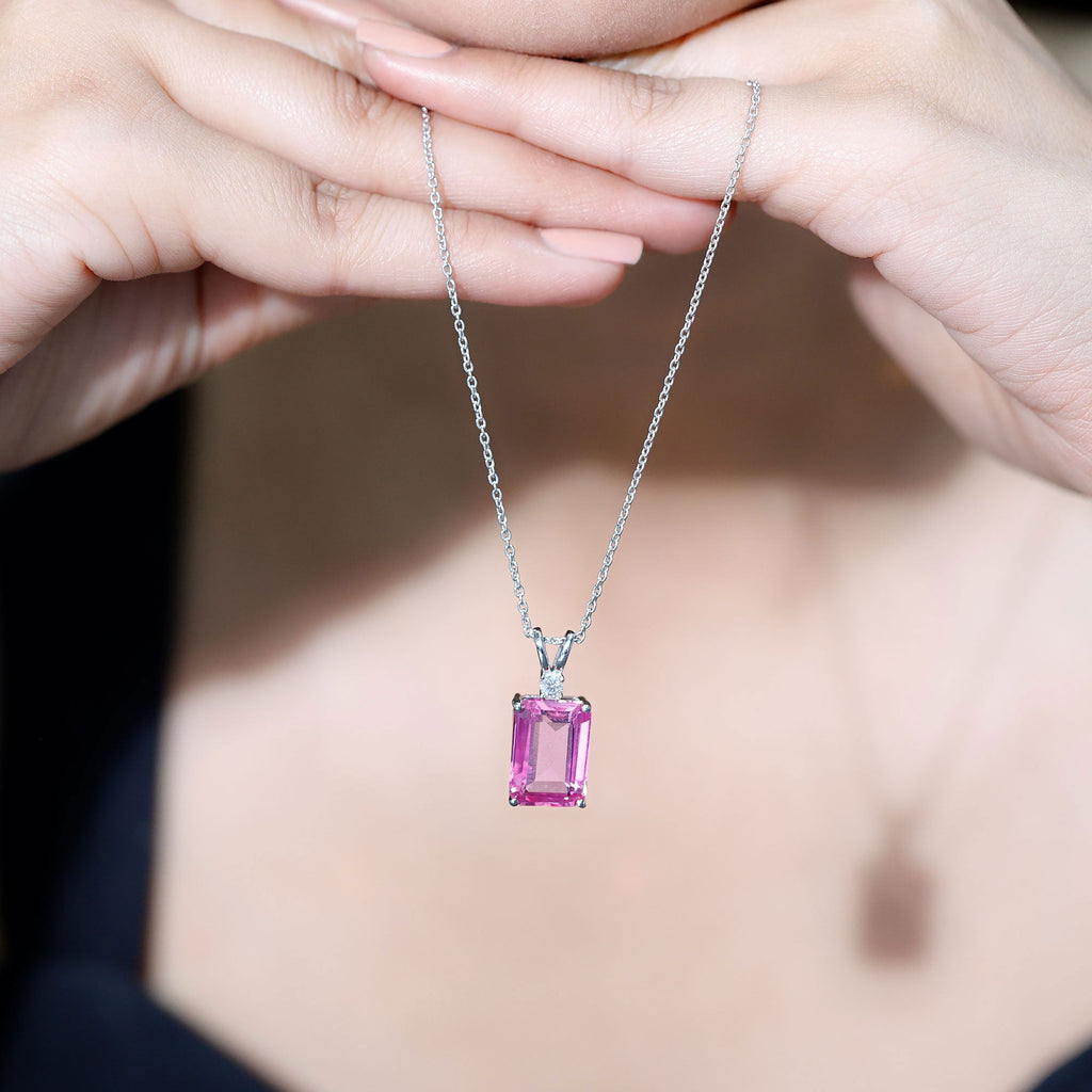 10X14mm Lab Grown Pink Sapphire Statement Necklace With Silver Chain