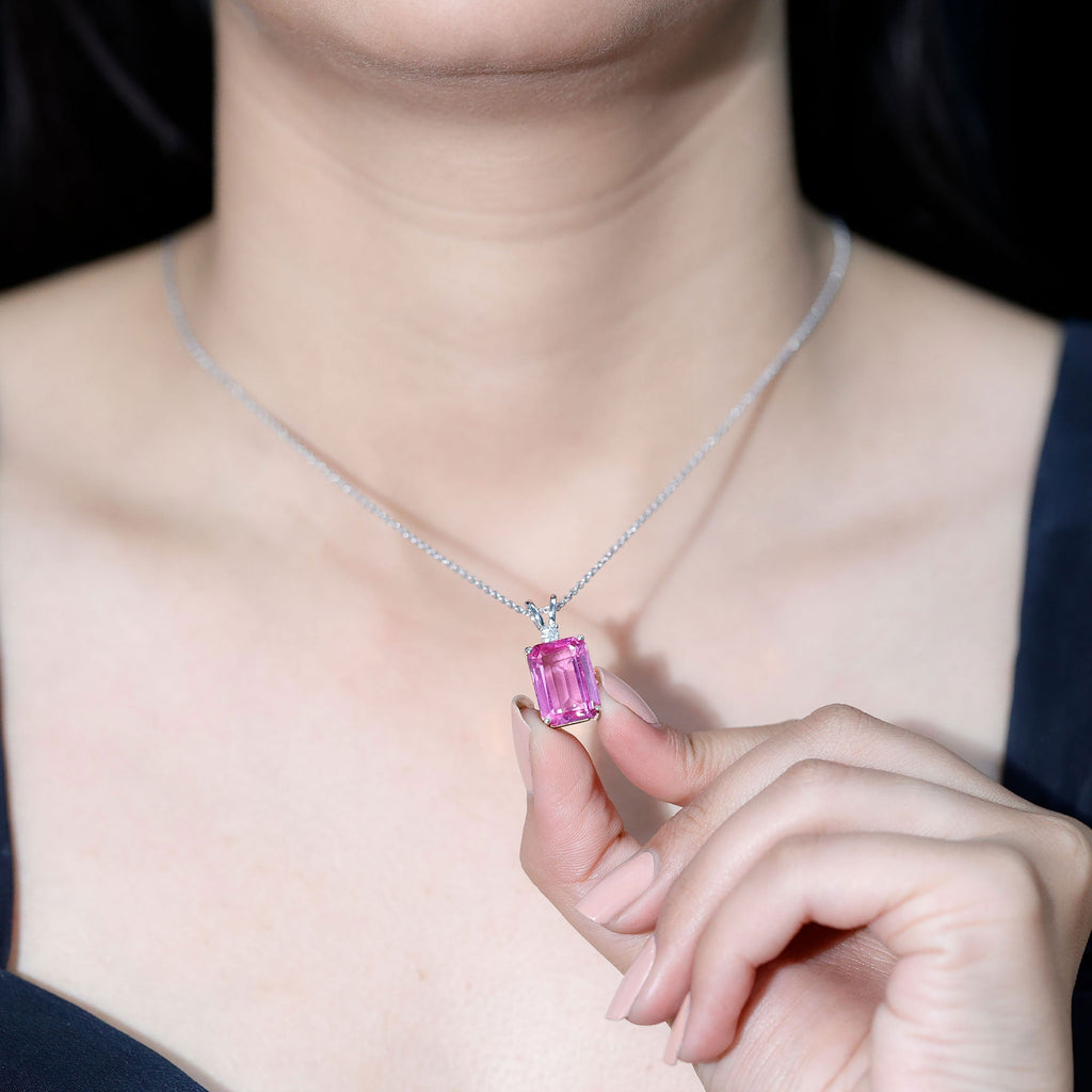 10X14mm Lab Grown Pink Sapphire Statement Necklace With Silver Chain