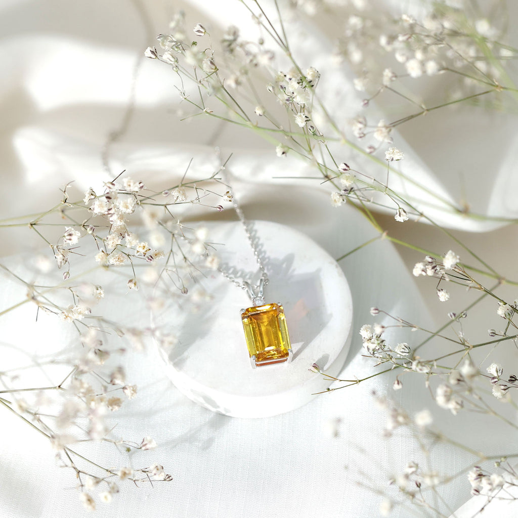 10X14 MM Lab Grown Yellow Sapphire Silver Emerald Cut Necklace With Chain