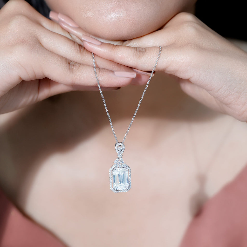 10X14 MM Emerald Cut Moissanite Wedding Necklace With Silver Chain