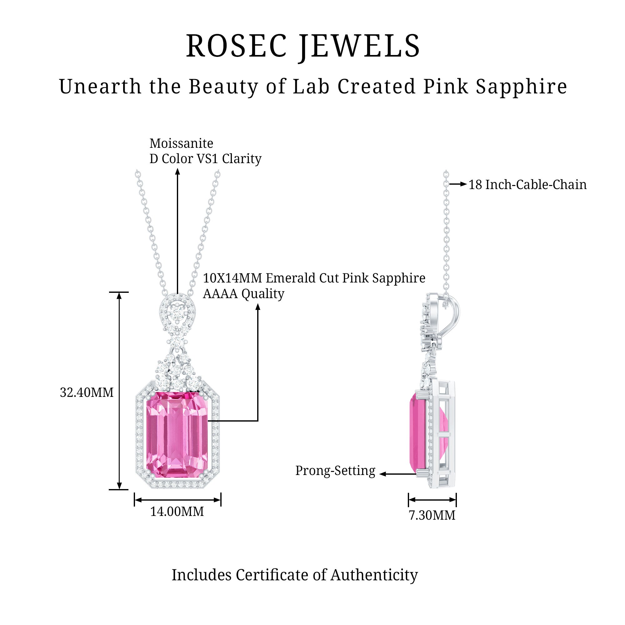 10X14 MM Lab Grown Pink Sapphire Art Deco Necklace With Silver Chain