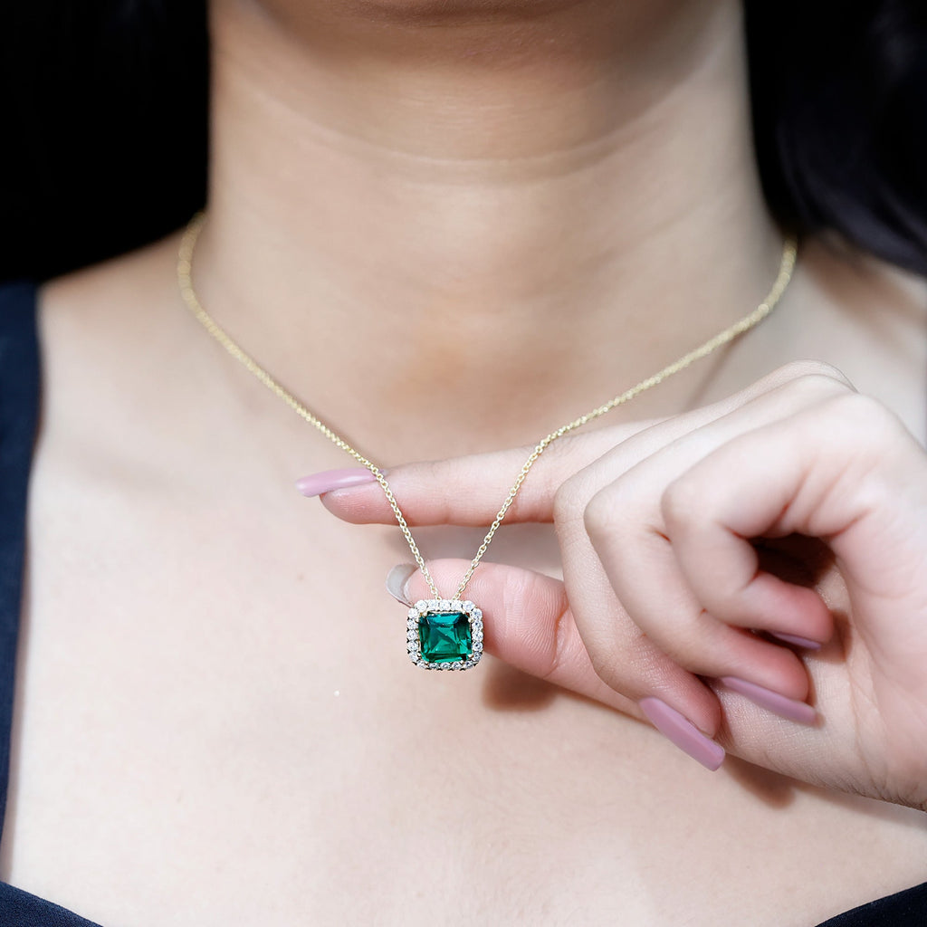 10 MM Lab Created Emerald Statement Necklace with Moissanite Halo