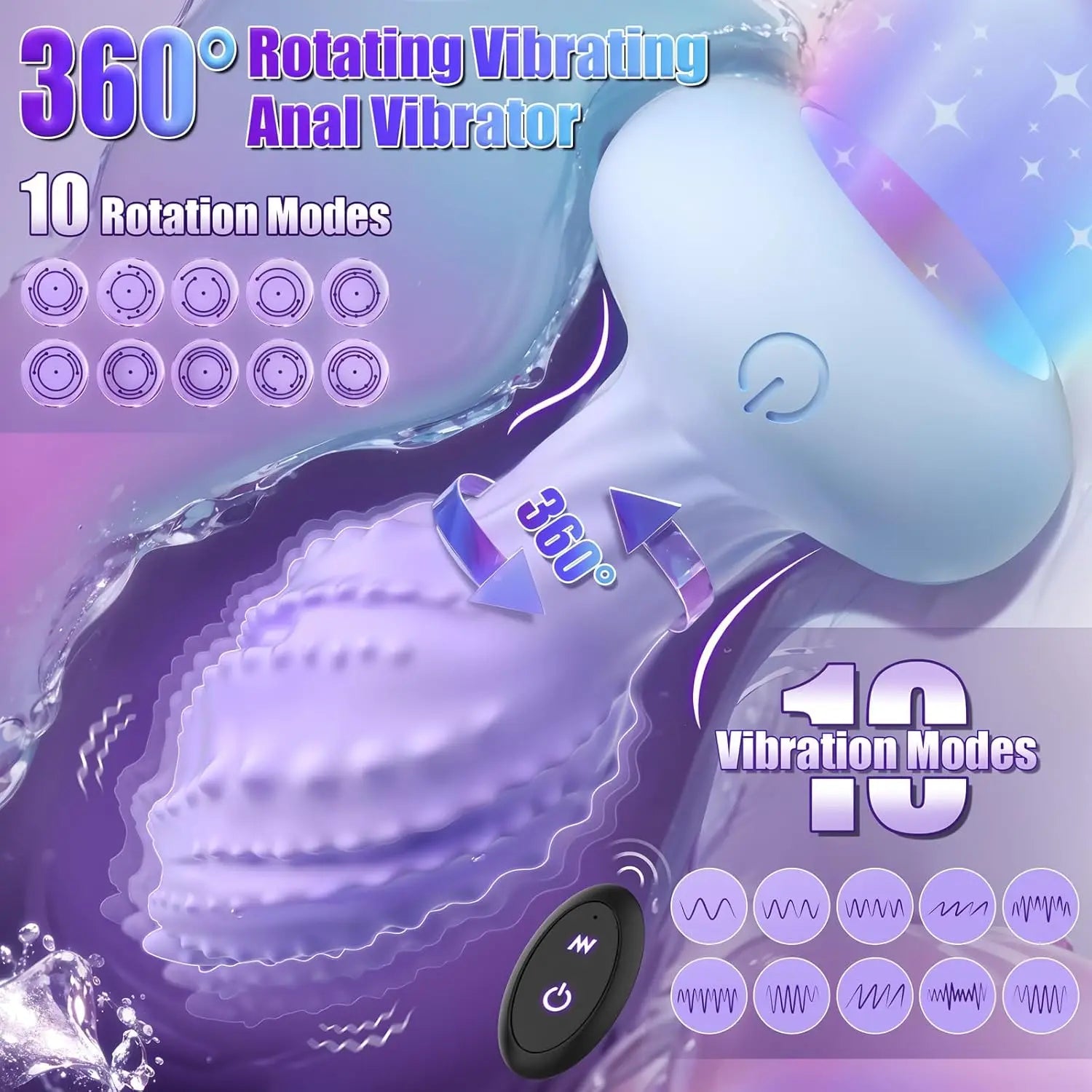 360° Rotating Anal Plug Vibrator with LED Light & Remote