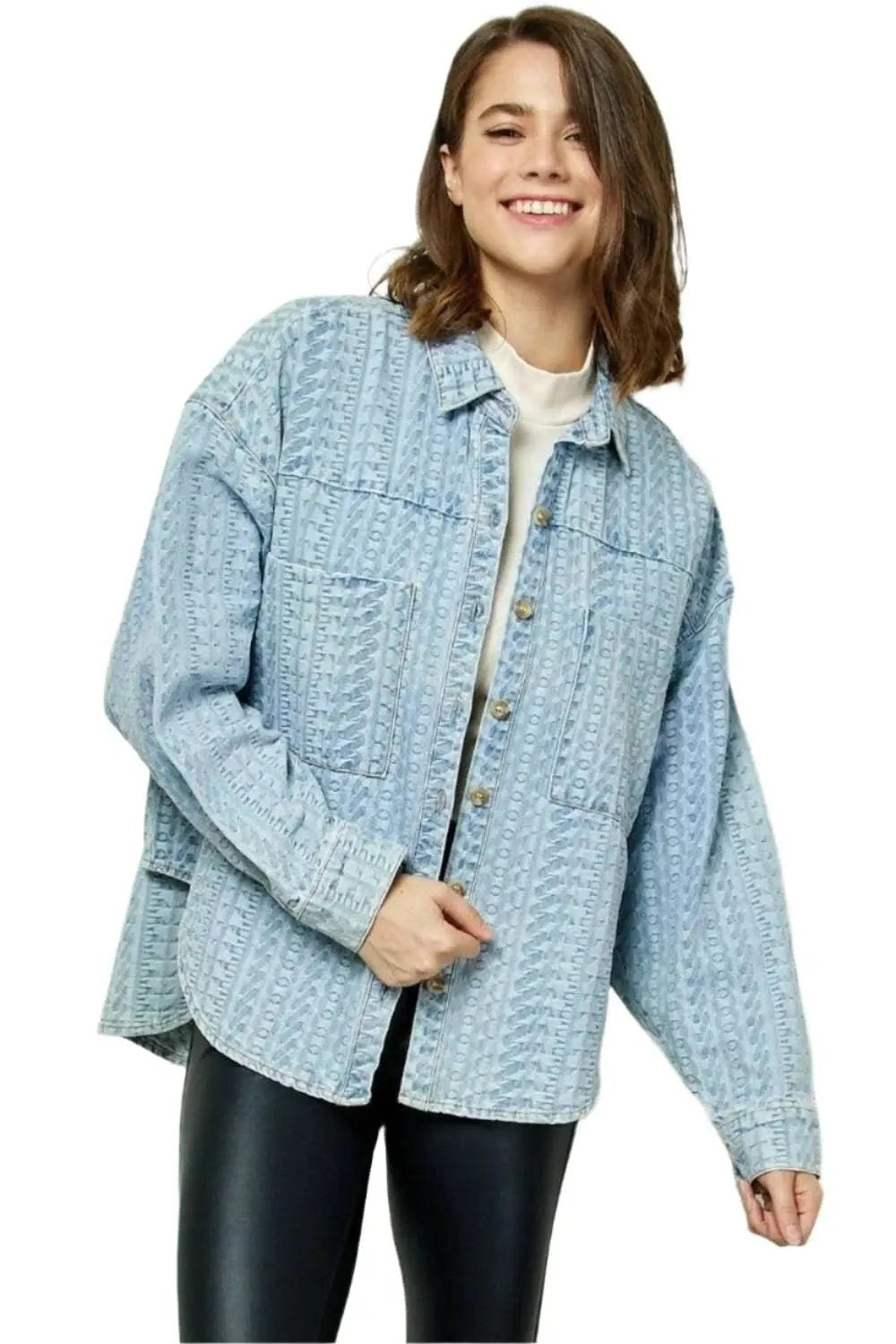 Trendsi Jeans & Denim - Veveret Denim Dropped Shoulder Button-Up Top w