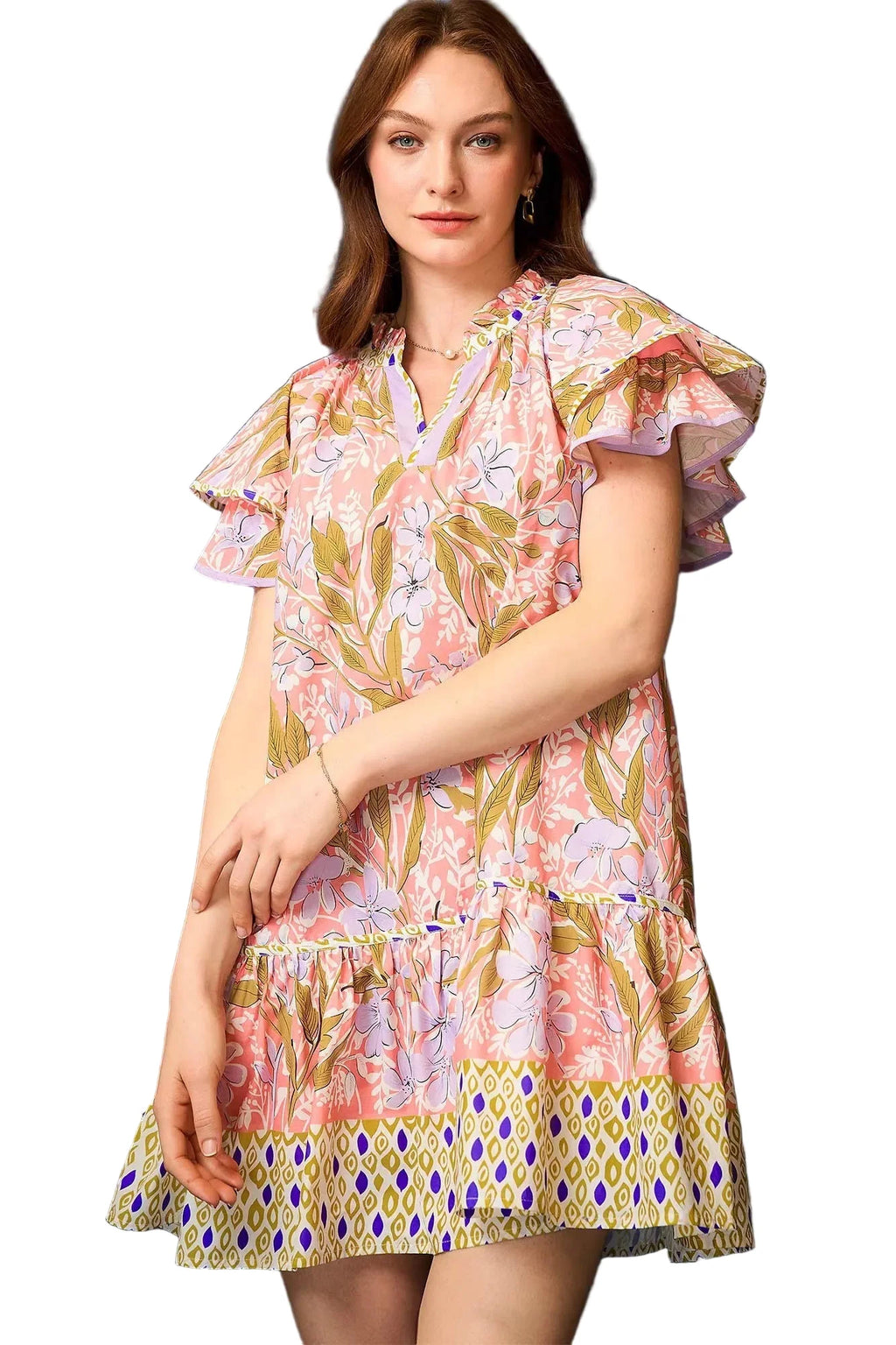 Floral Ruffle-Sleeve Tunic Dress