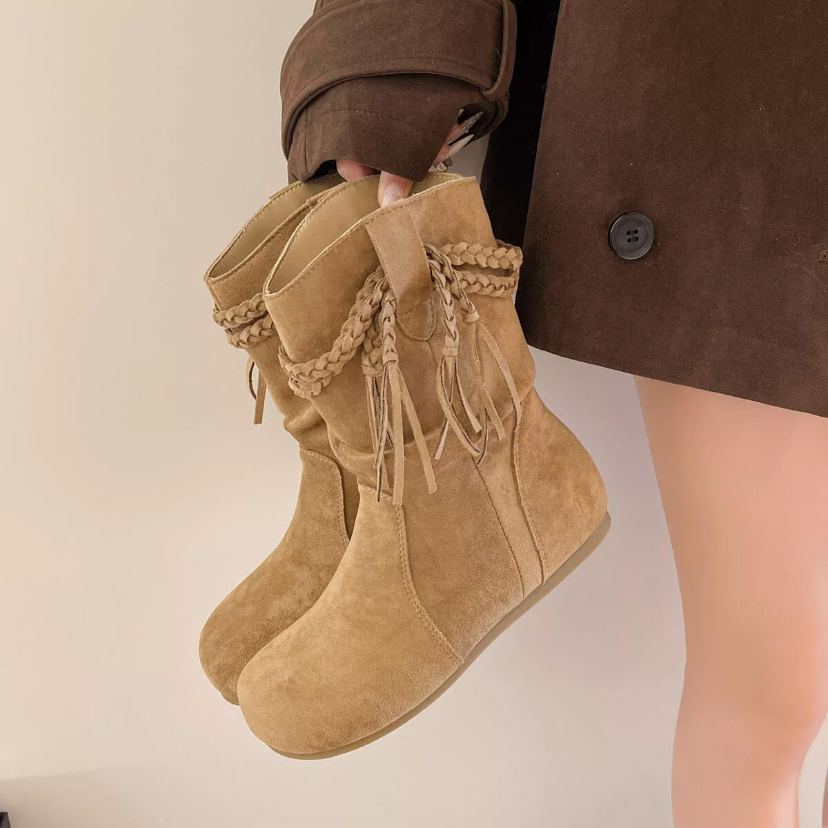 Suede Fringe Round Toe Boots