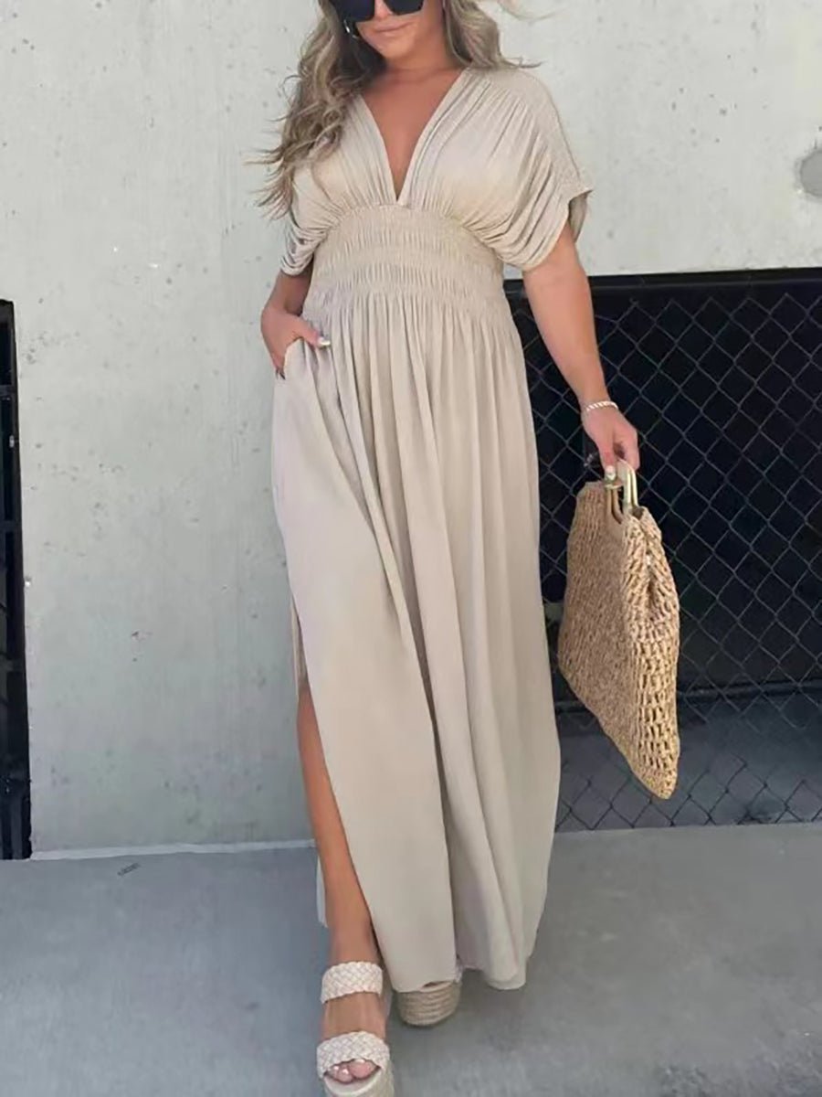 Aydan Bat-sleeved V-neck Slit Dress