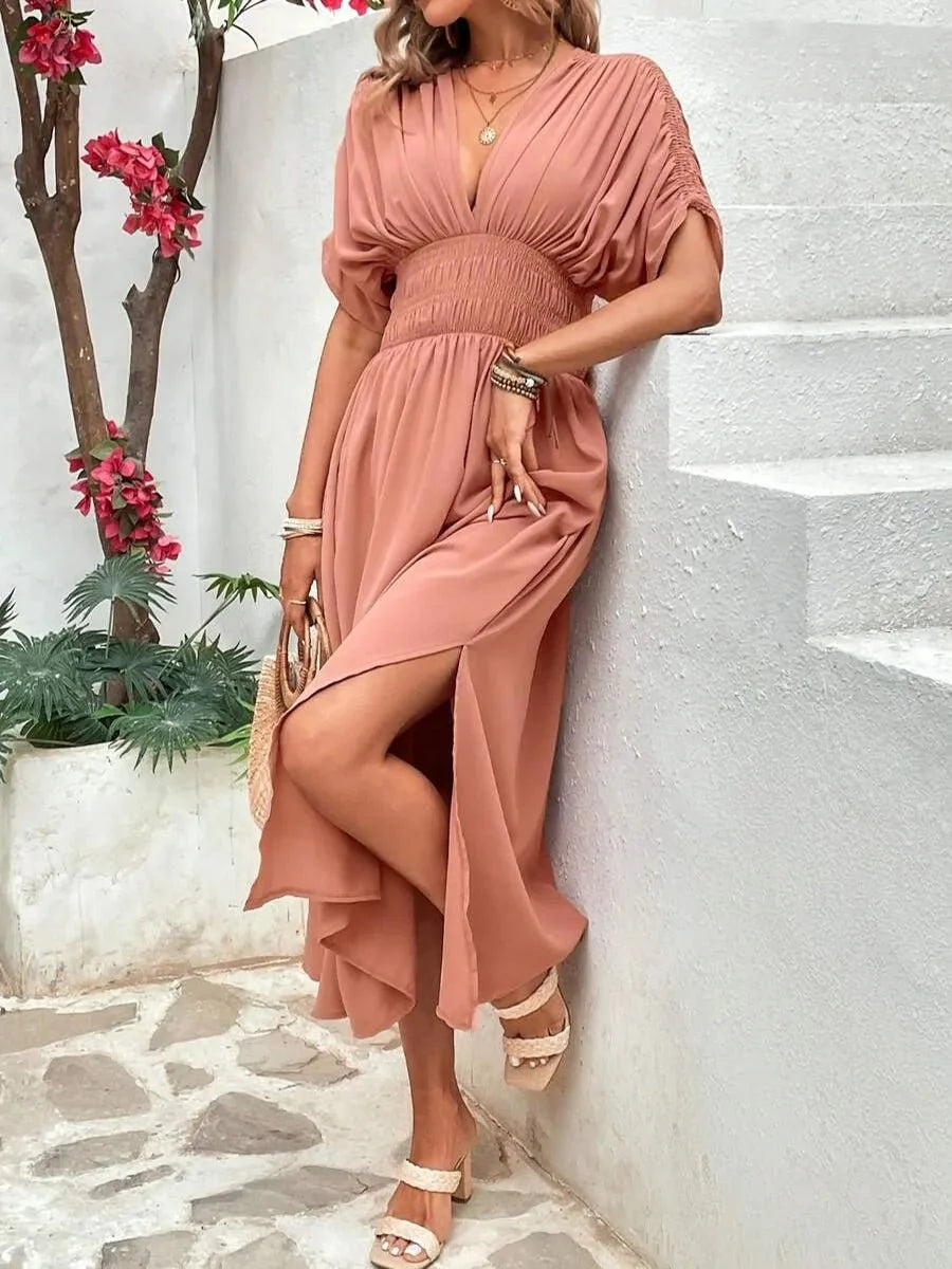 Aydan Bat-sleeved V-neck Slit Dress