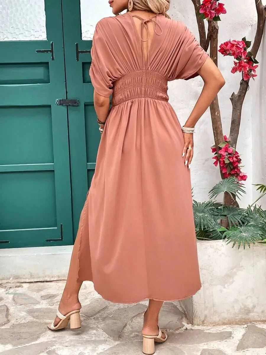 Aydan Bat-sleeved V-neck Slit Dress