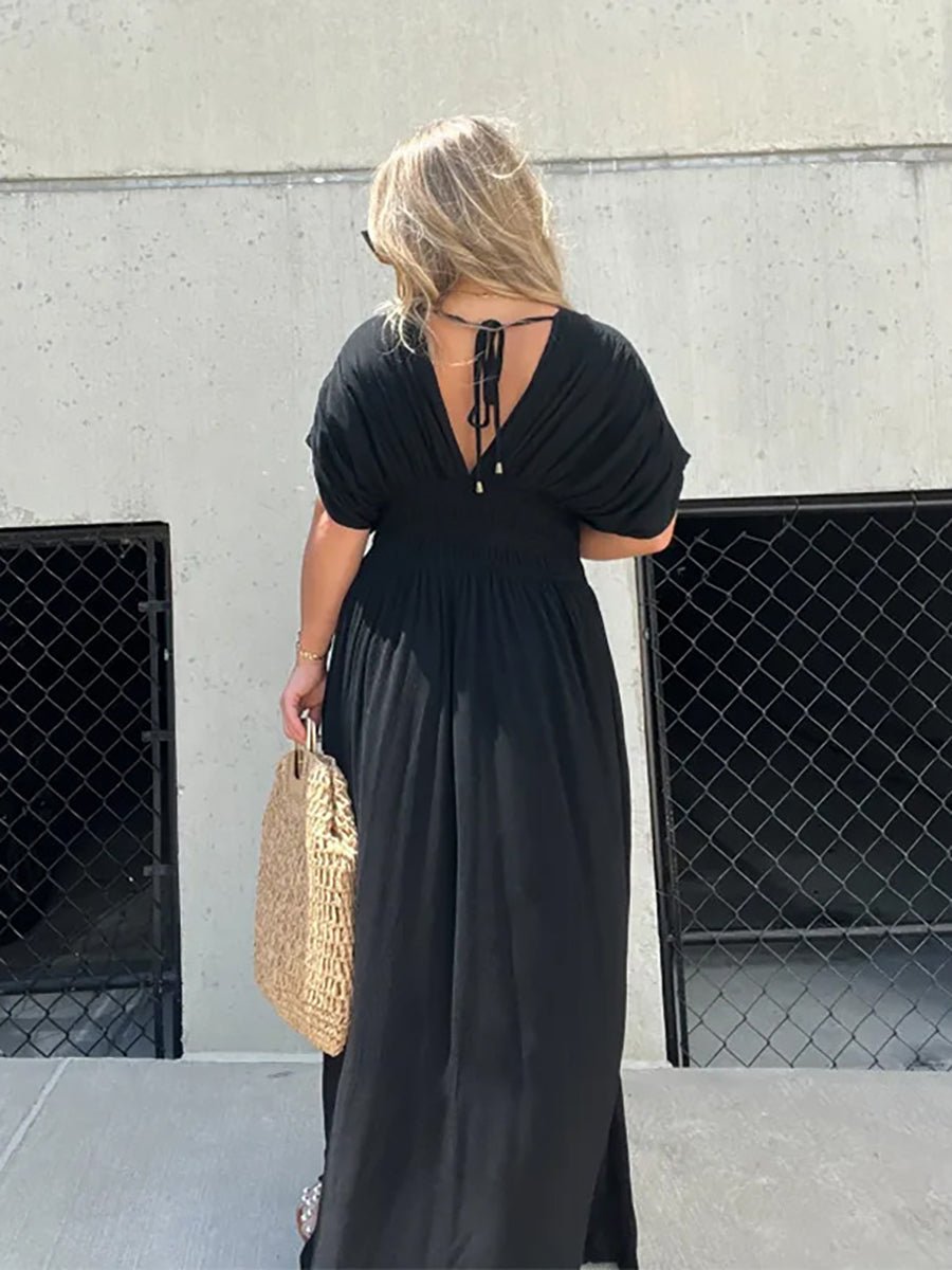 Aydan Bat-sleeved V-neck Slit Dress