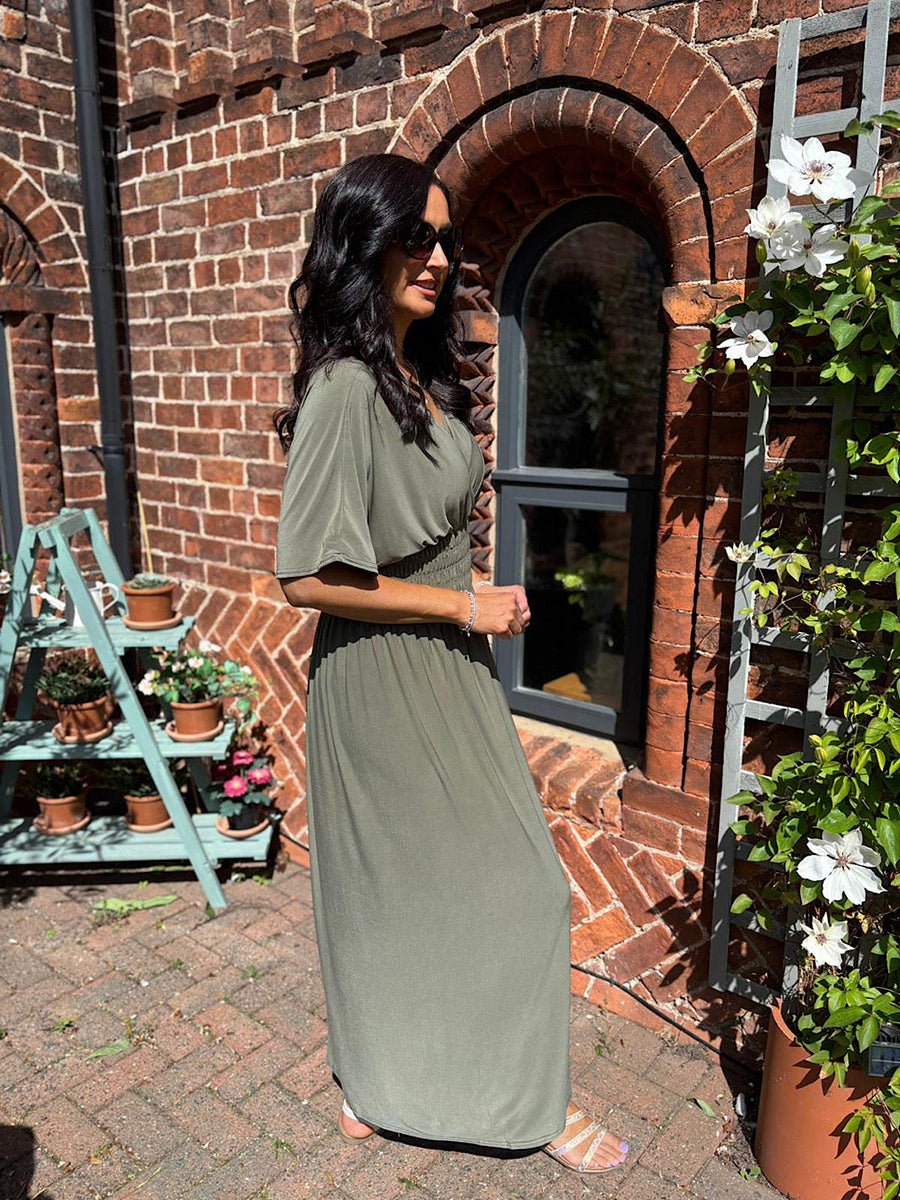 Aydan Bat-sleeved V-neck Slit Dress