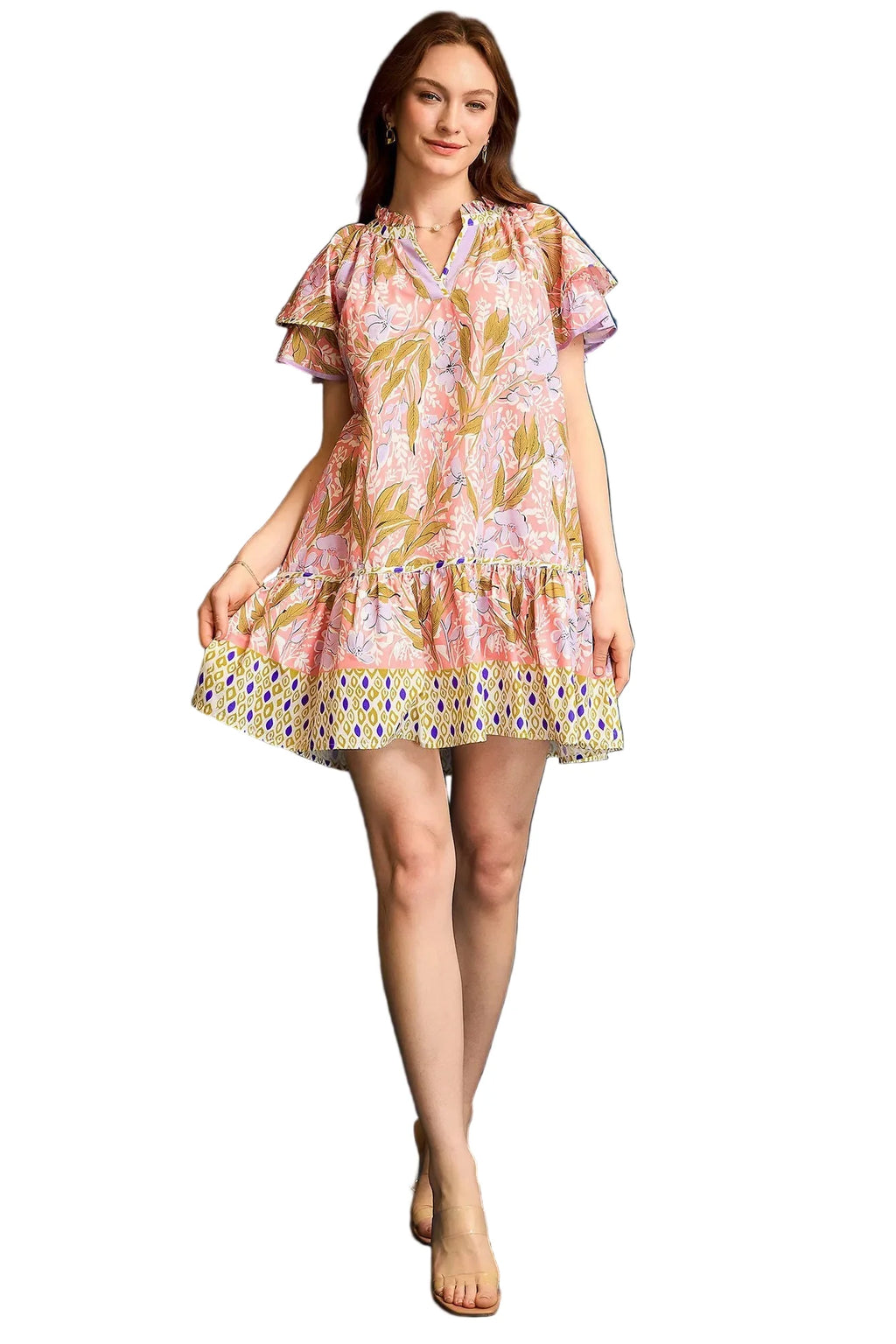 Floral Ruffle-Sleeve Tunic Dress