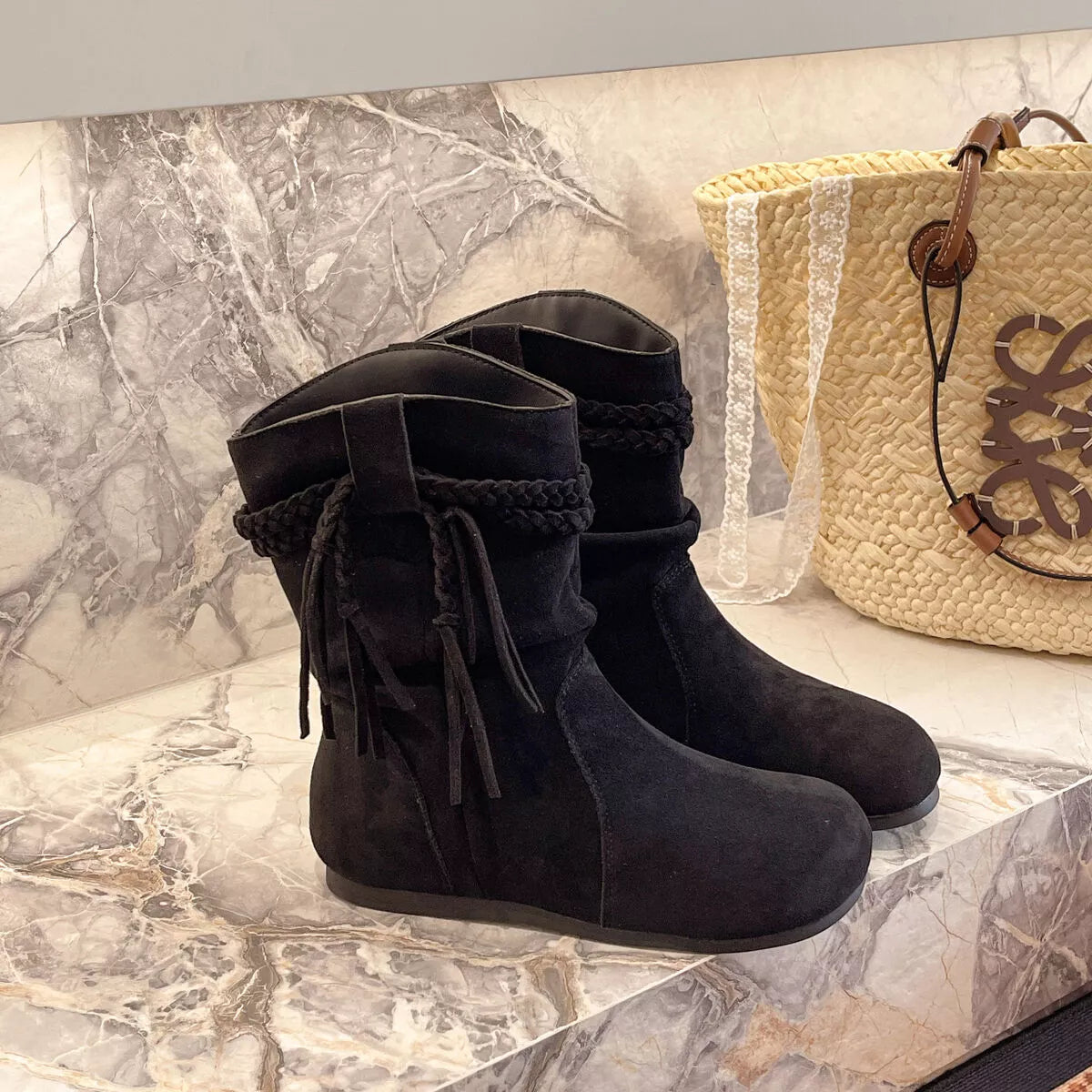 Suede Fringe Round Toe Boots