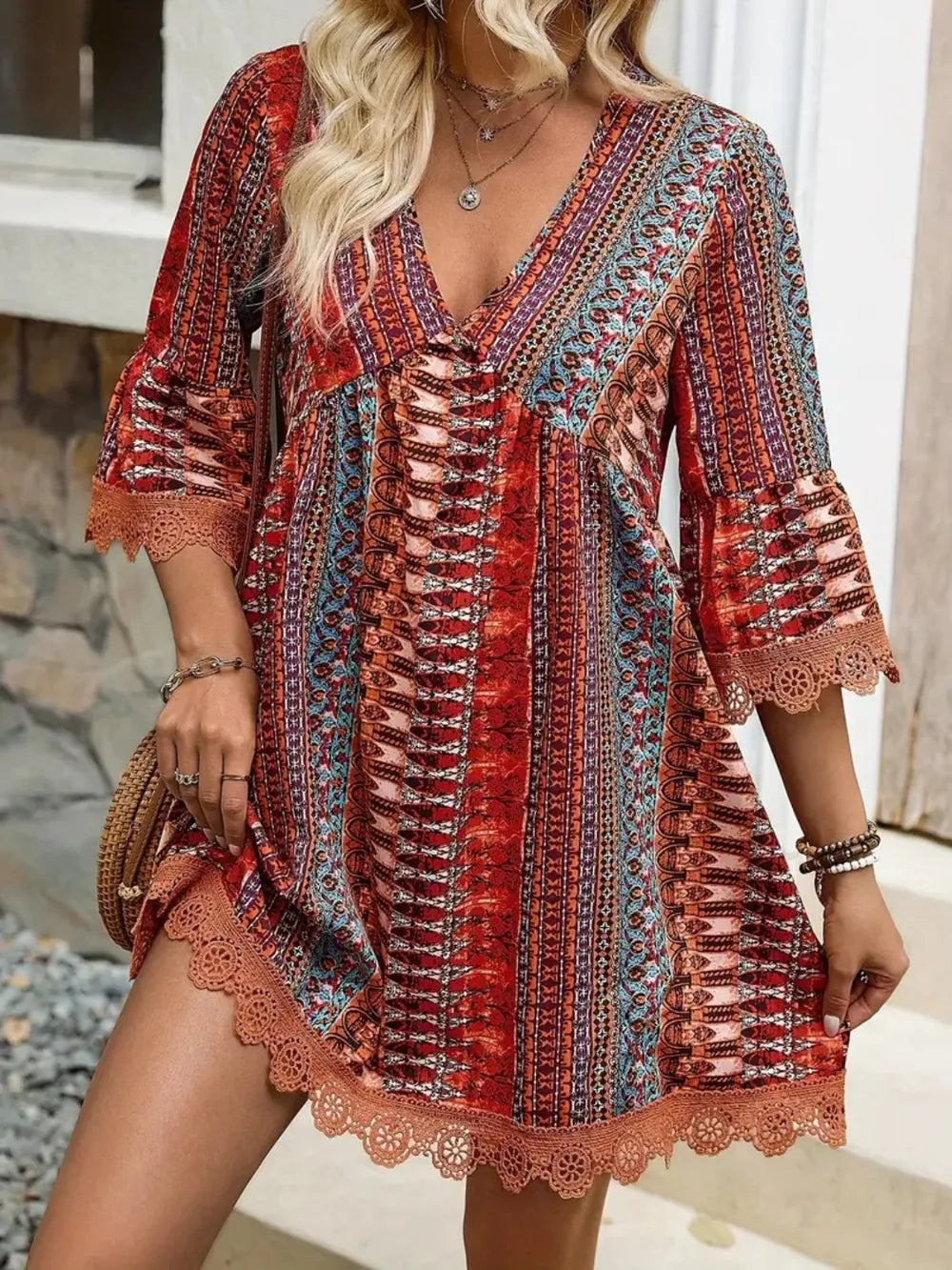 Lace Trim Printed V-Neck 3/4 Sleeve Dress