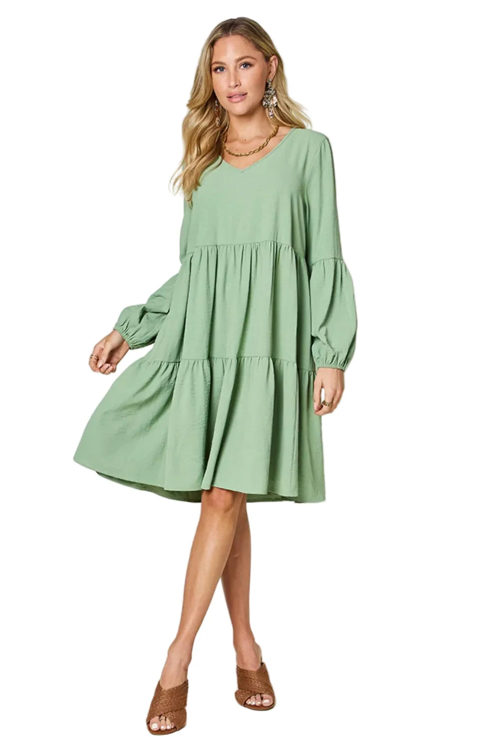 Full-Size V-Neck Balloon Sleeve Tiered Dress with Pockets