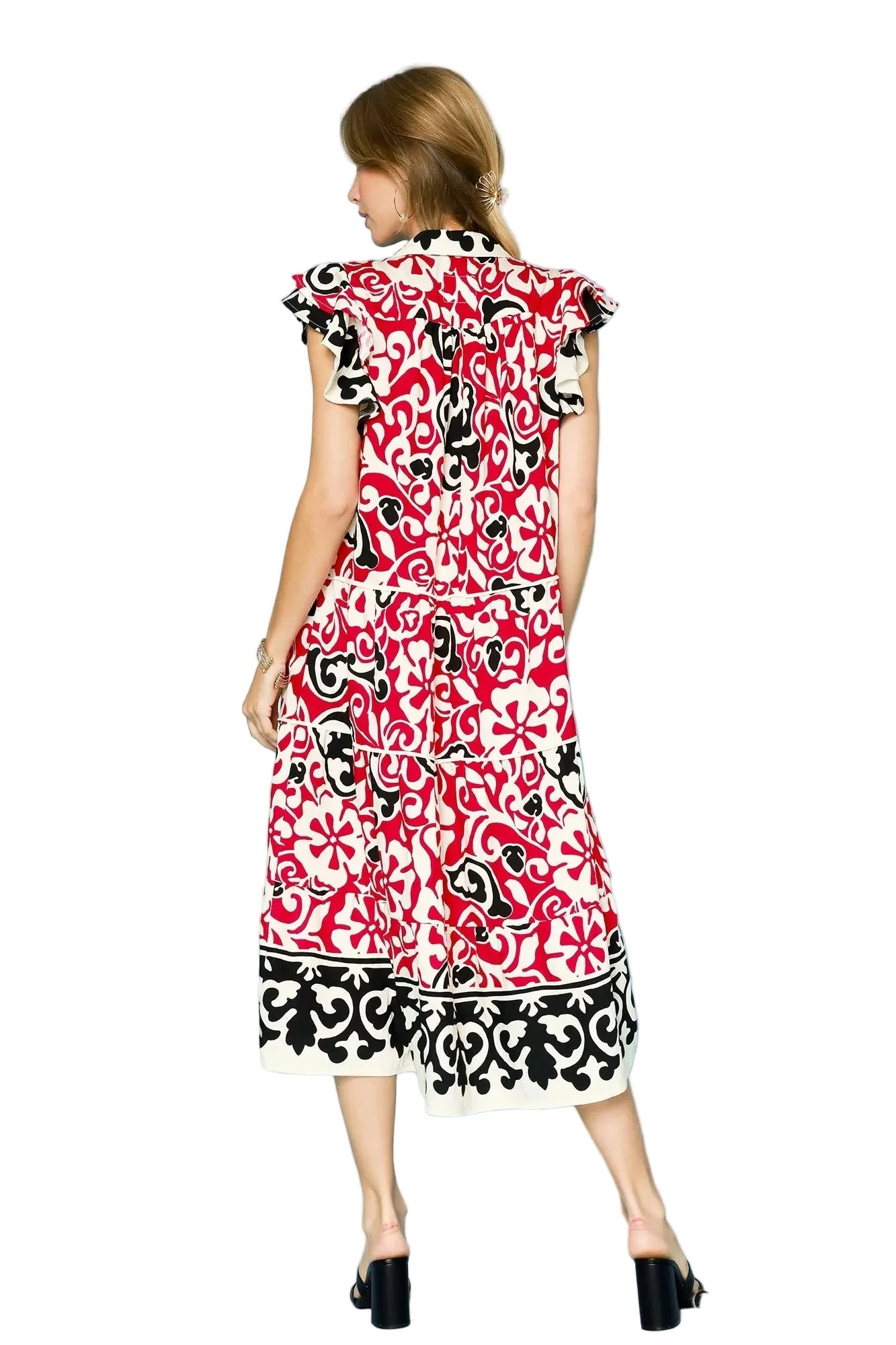 Printed Ruffled Cap Sleeve Midi Dress