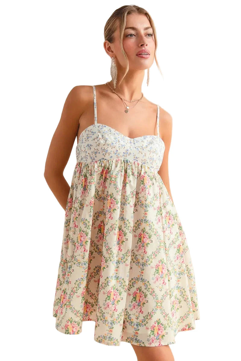 Mixed Floral Print Sleeveless Mini Dress