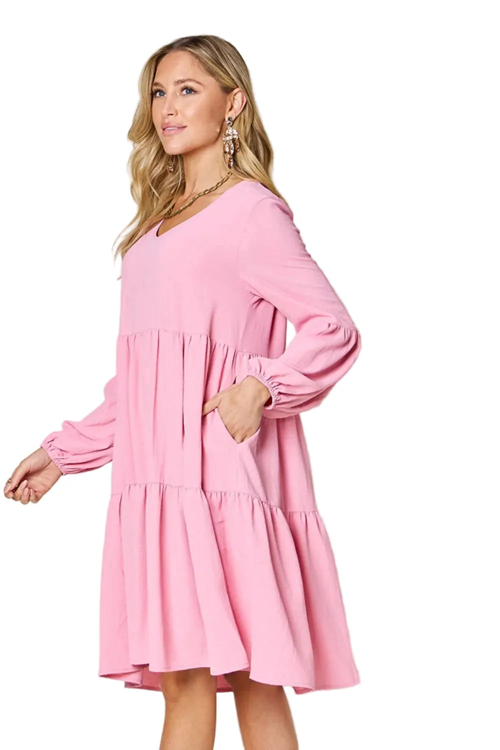 Full-Size V-Neck Balloon Sleeve Tiered Dress with Pockets