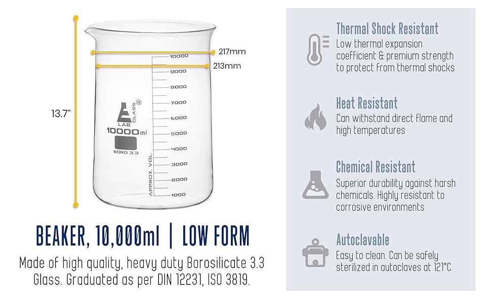 10,000ml Beaker Low Form with Spout - White, 500ml Graduations - Borosilicate 3.3 Glass - 10L Large Beaker