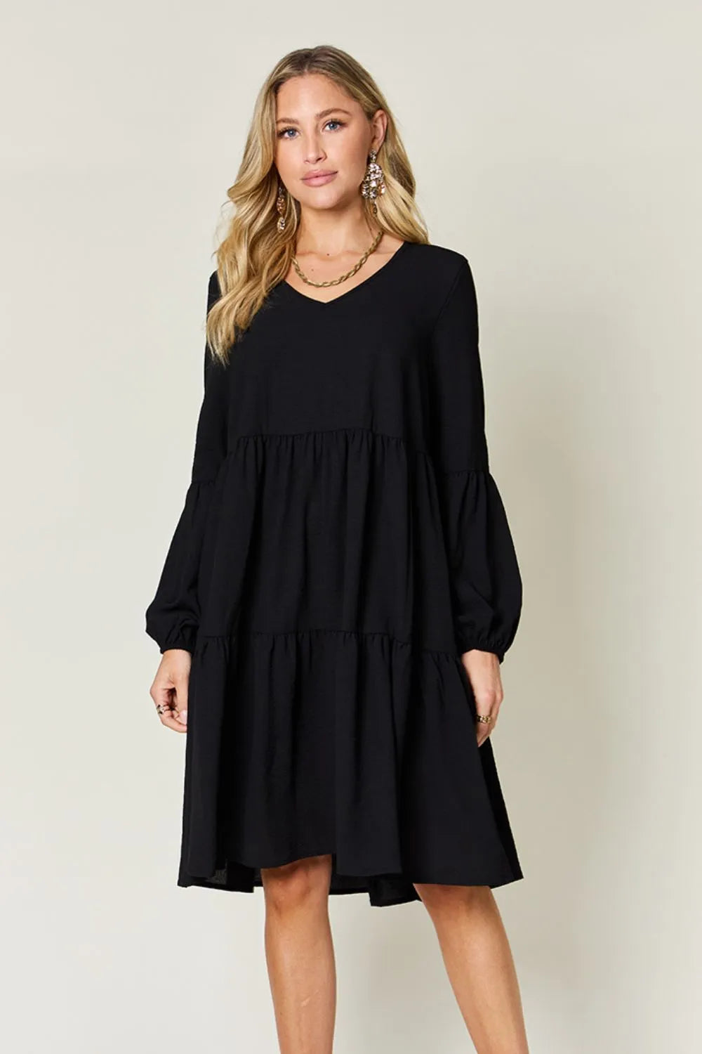 Full-Size V-Neck Balloon Sleeve Tiered Dress with Pockets