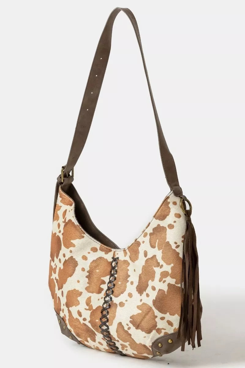 Fame Cow Print Hobo Shoulder Bag with Studded Details