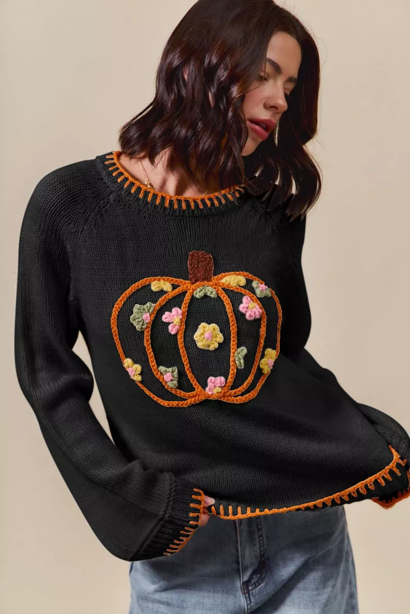 SO ME Pumpkin Floral Embroidered Thanksgiving Sweater