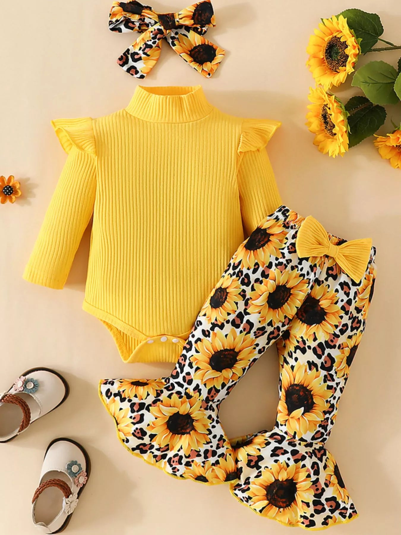 Children's Ruffled Bodysuit and Sunflower Pants Set