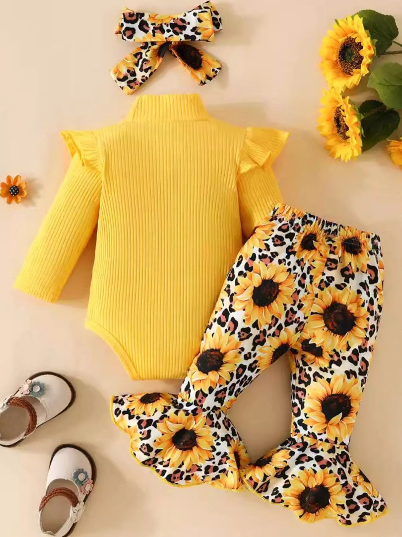 Children's Ruffled Bodysuit and Sunflower Pants Set