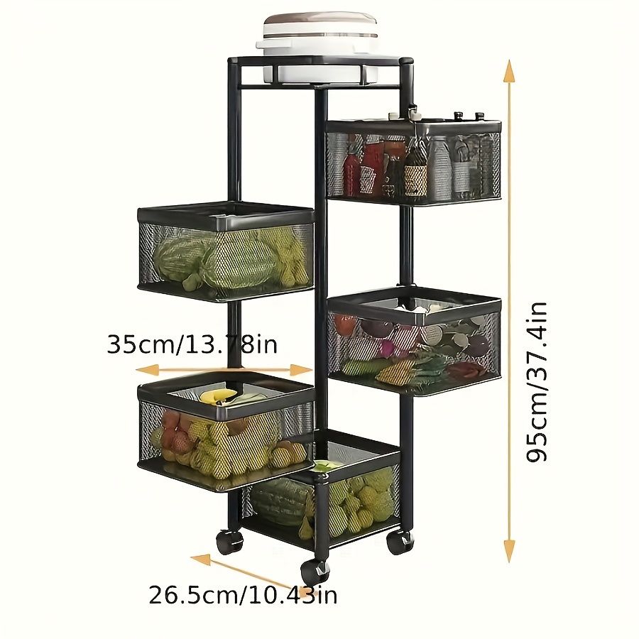 Rotating Kitchen Storage Shelf 5 Tier, Metal Fruit Vegetable Storage Basket Multi-Layer Vegetable Rack Storage Trolley on Wheels, Floor-Standing Basket for Kitchen Bathroom, Square